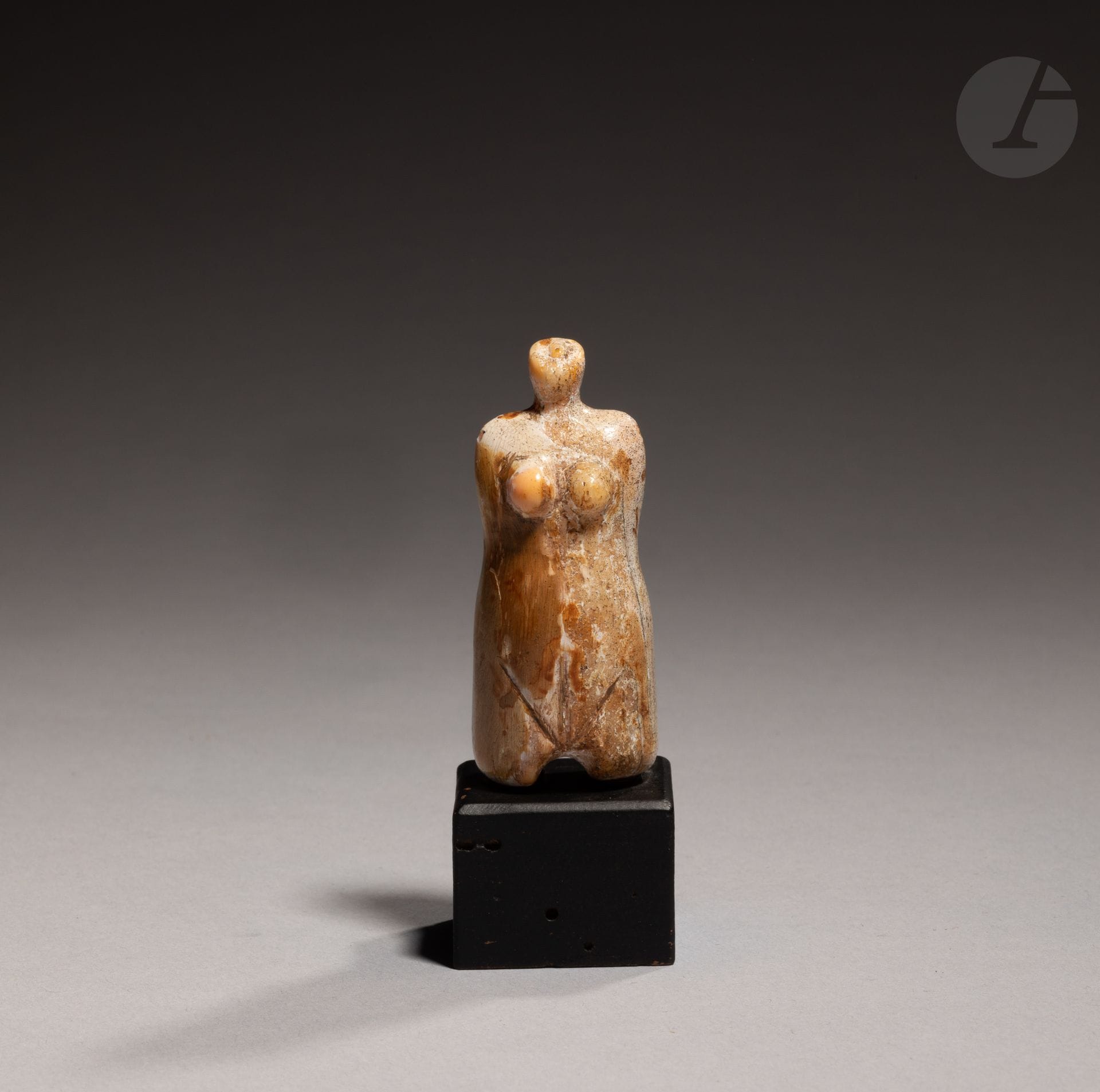 Figurine féminine fort ressemblante à une autre figurine en pierre dans les collections du British Museum.

Halaf ?, période présumée 6 000 à 5500 av J.C., Mésopotamie 

Ivoire fossile, belle patine.

H. : 6 cm 



Provenance :

- Acquis sur le marché parisien

- Collection Bernard Hector