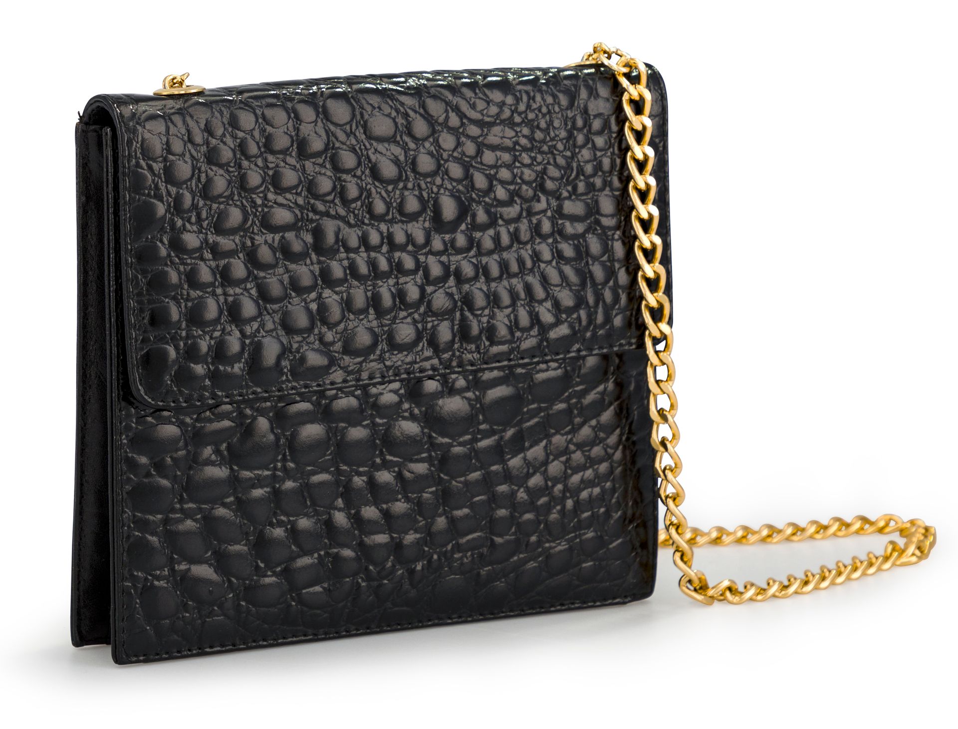 Enzo MORENO. Small handbag in black patent calfskin, crocodile style, gold metal chain shoulder strap. Width: 18.5 cm approx.