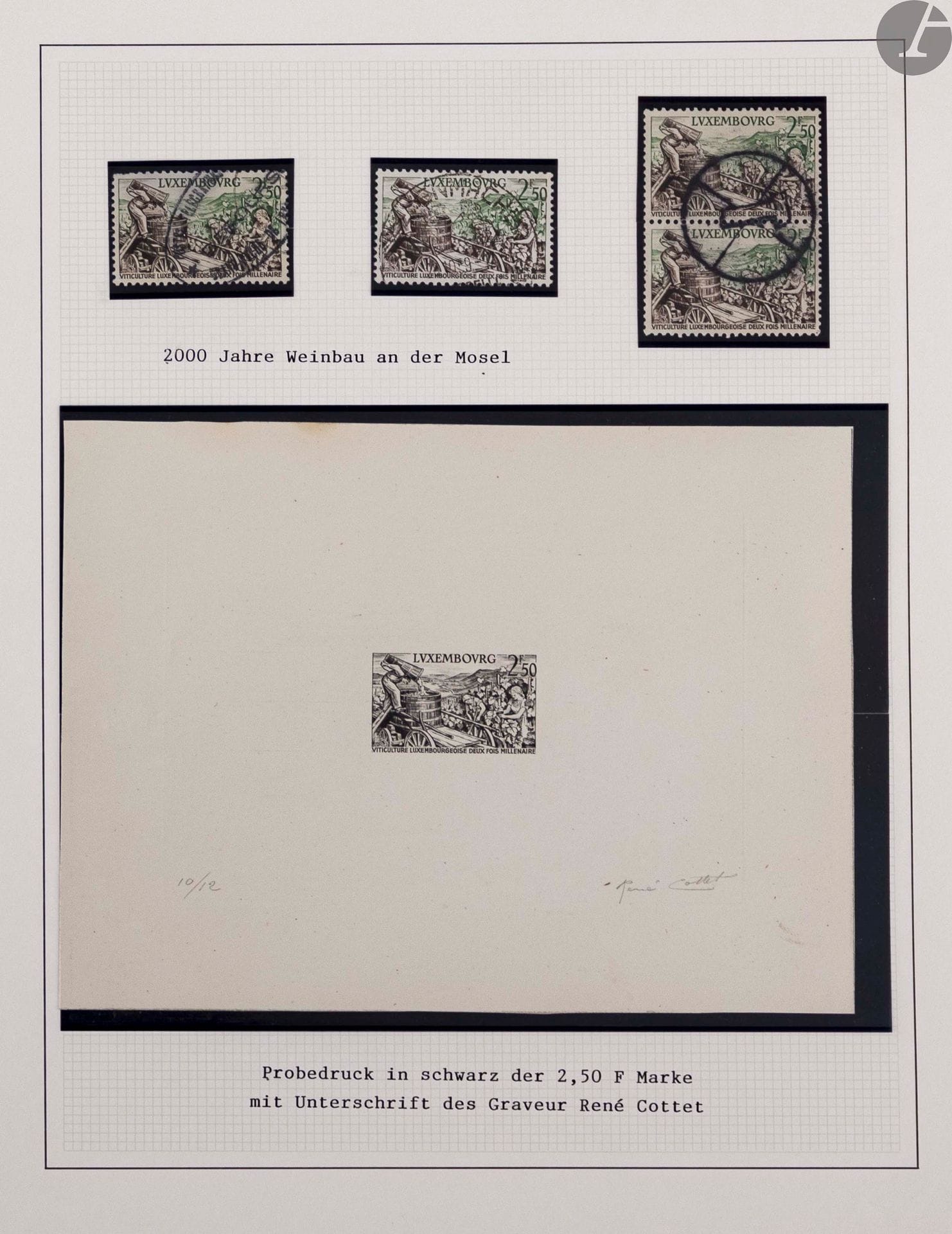 Bon album période "années 50" du Luxembourg, dont épreuves d'artiste (4 de René Cottet), 1ère serie " Europe" de 1956, (4 épreuves dont différentes couleurs) et divers (1ers jours).