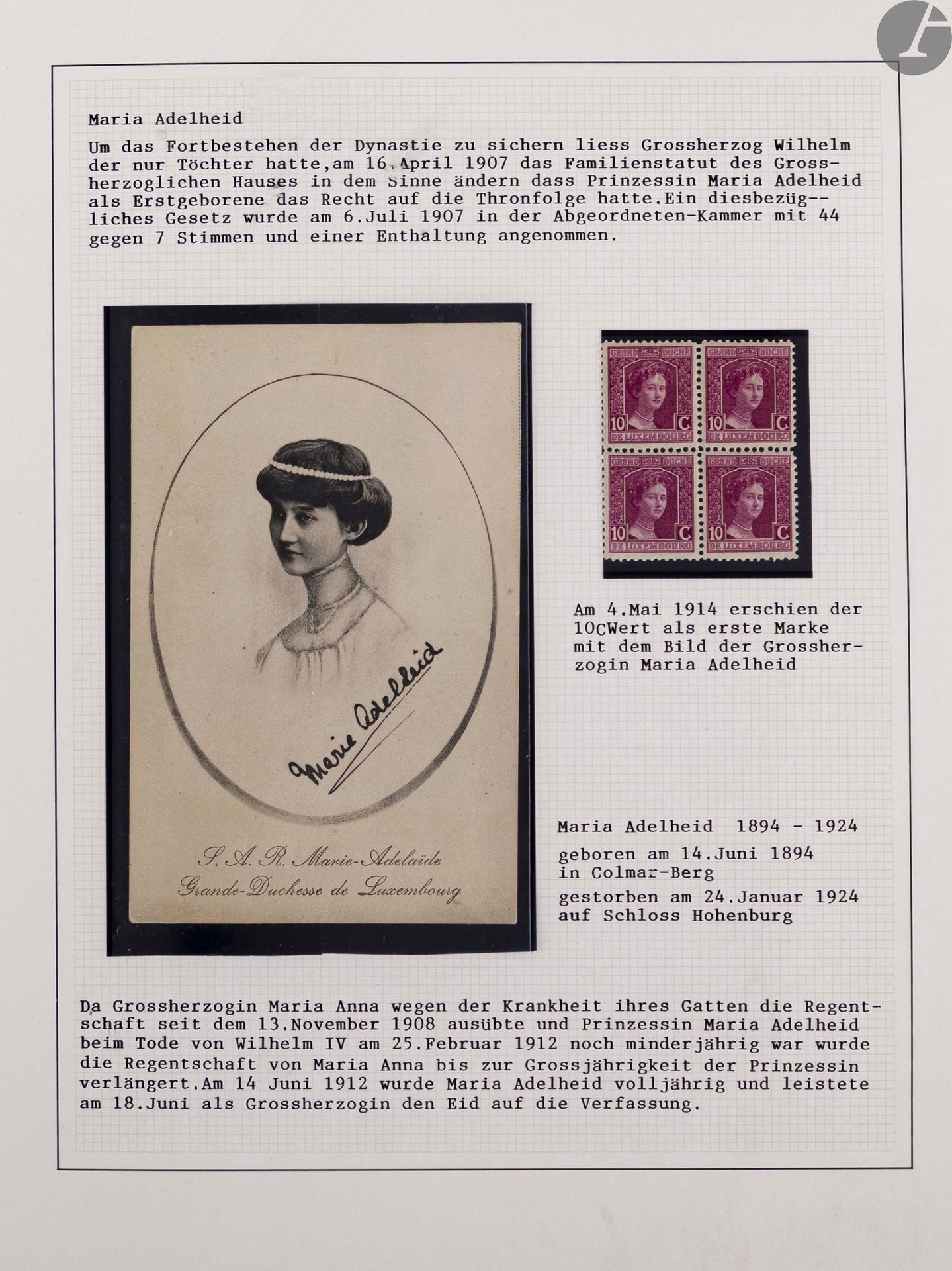 Bon album bien approfondi du Luxembourg depuis 1914 à 1926, série Marie-Adélaïde et surchargés, dont courriers, essais non dentelés, variétés (piquage), vignettes, feuille entière du n° 110 (surcharges effacées tenant à normal), surcharges au verso, plusieurs specimen UPU. Collection de Berne Madagscar. 



On a aussi 2 épreuves non émises du 5 et du 15c Duchesse Charlotte du bloc n°1 (4 exemples, 2 neufs et 2 oblitérés).