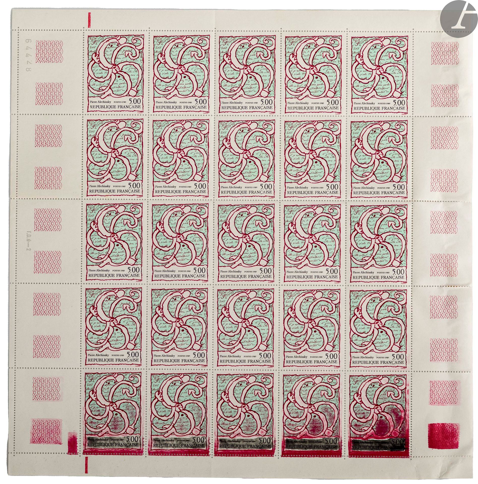 France variétés : n° 1036 "6 fr Bordeaux", en bloc de 4 coins daté. 

n° 2382 "5 fr Alechinsky" en feuille entière 

n° F4857 "Saint-Louis", variété d'essuyage et d'encrage spectaculaire, bas de feuille, dégradé au recto, horizontale et bords de feuille à droite verticalement au verso.