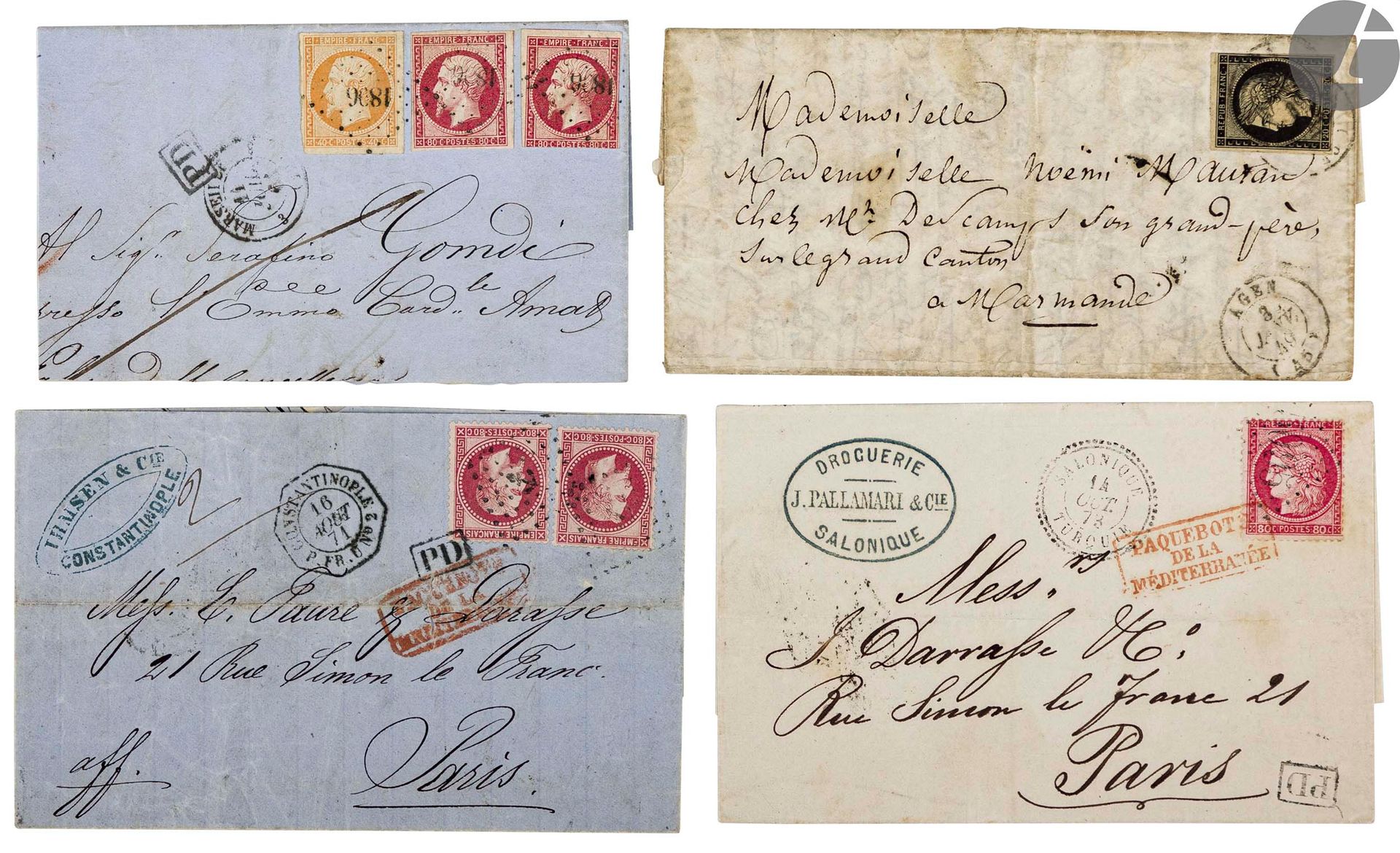 France : lettre classique dont n°3 20c noir Cérès d'Agen 3 janvier 1849, et un n°16 et deux n°17, deux n°32 depuis Constantinople, un n°57 80c, Cérès gros chiffre, au départ du bureau de Salonique (bureau français à l'étranger).