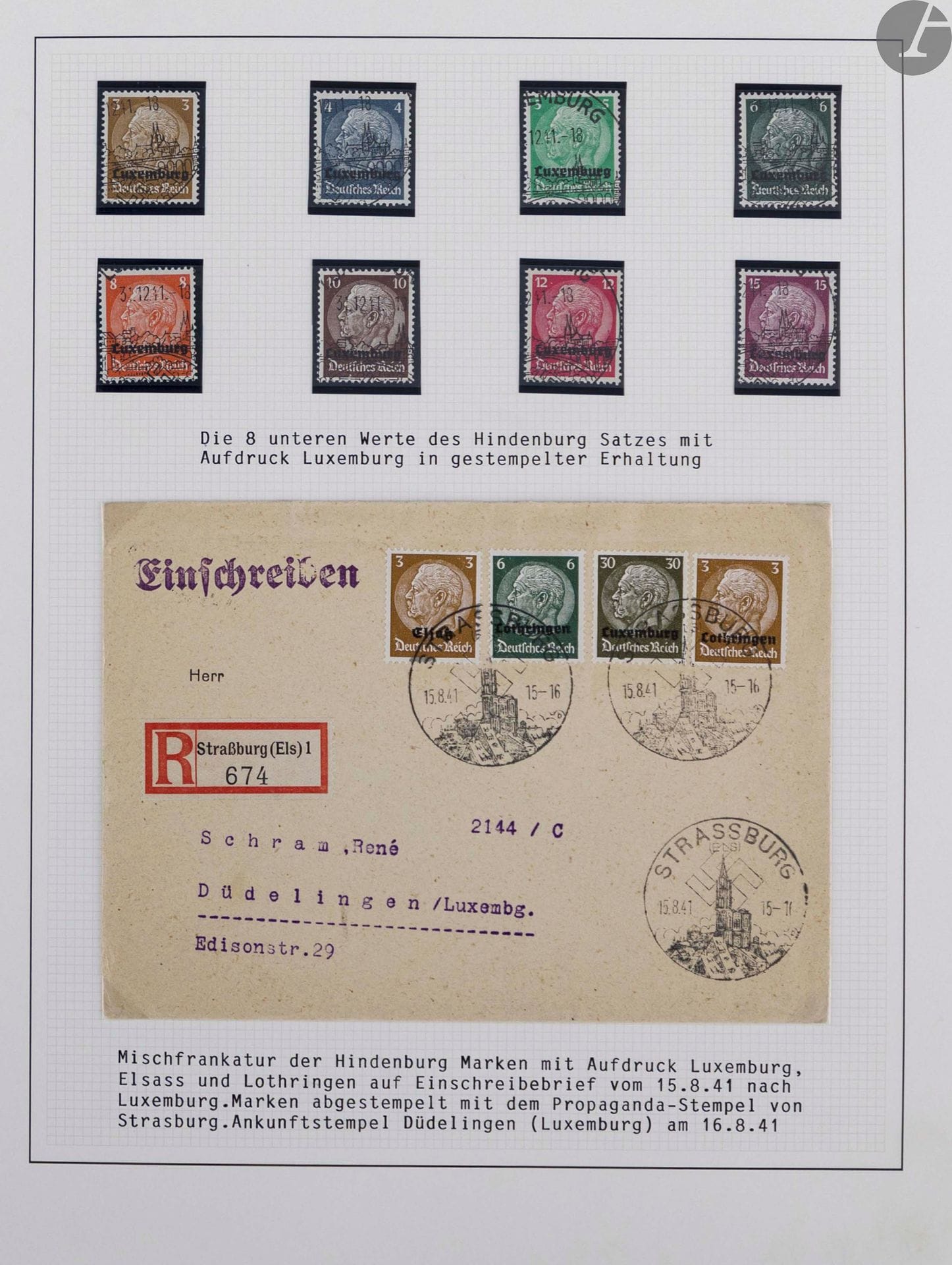 Deux bons albums du Luxembourg période 2ème Guerre Mondiale dont séries d'Occupation surchargés, courriers, variétés de surcharge, cachets allemands dont de censures et période "Libération", années 1941, dont non dentelés et Epreuves d'artistes de cette série, épreuves de luxe (20 exemplaires) et rare épreuve collective numérotée.

On a ensuite la série de l'oeuvre de Secours approfondie, avec 2 séries non dentelés, 24 épreuves d'artiste et de luxe ainsi qu'une épreuve collective.