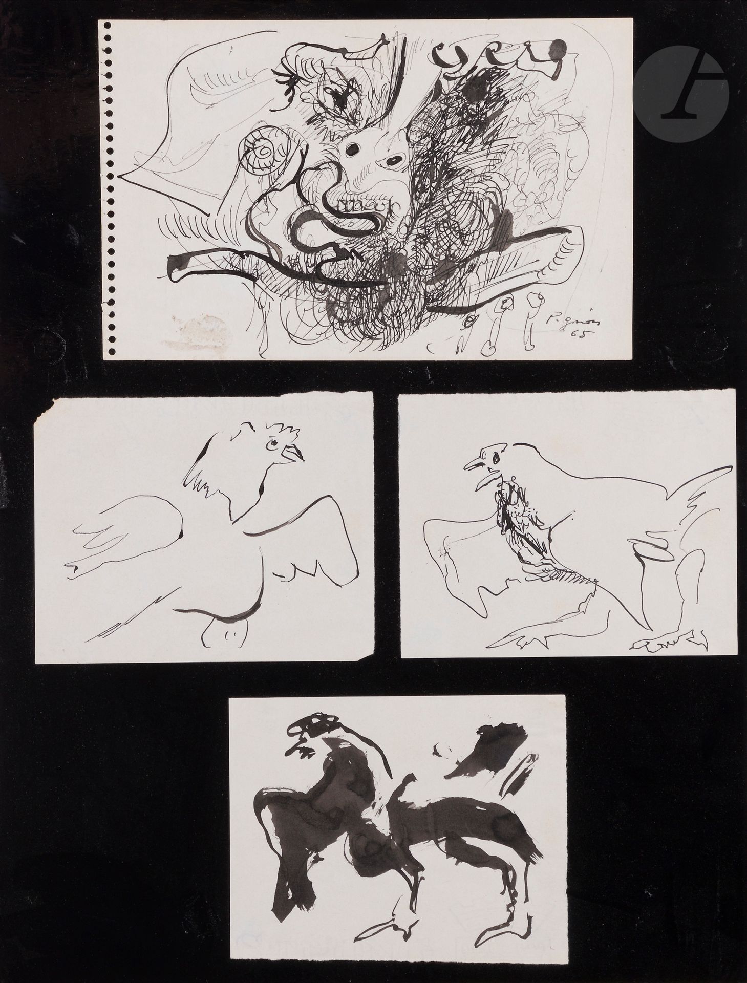 Edouard PIGNON (1905-1993
)Head of warrior, 1965 and 3 studies of roosters4
inks.
One signed and dated.
Various sizes.

We thank Mr. Philippe Bouchet for confirming the authenticity of these works and for the information he gave us.





