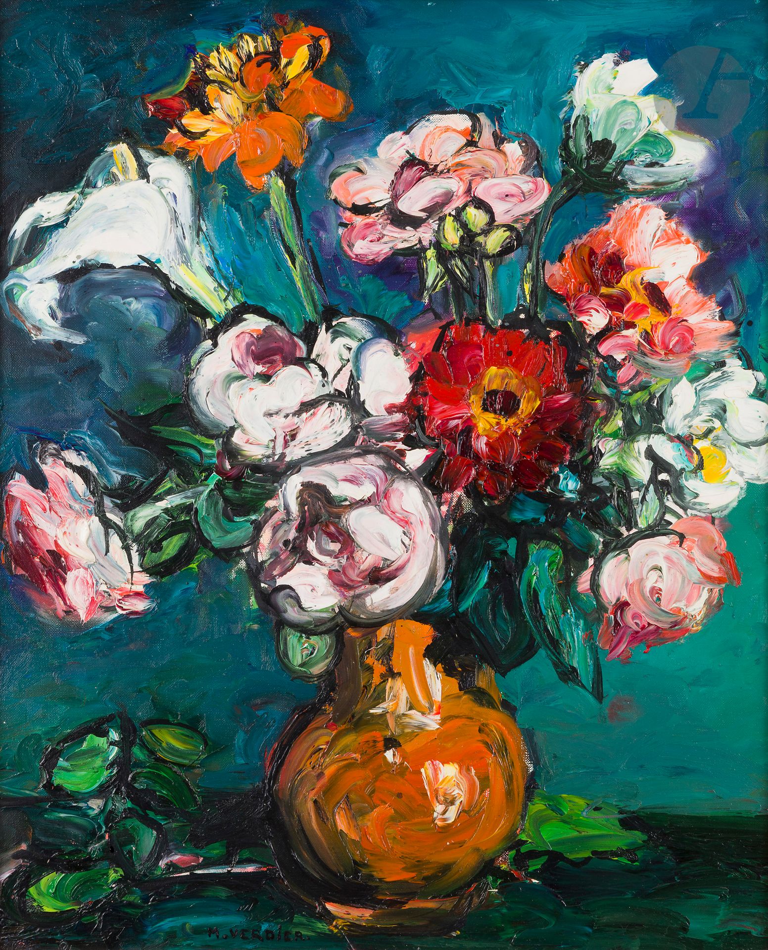 Maurice VERDIER (1919-2003)
Roses et zinnias
Huile sur toile.
Signée en pied.
Signée et titrée au dos.
61 x 50 cm