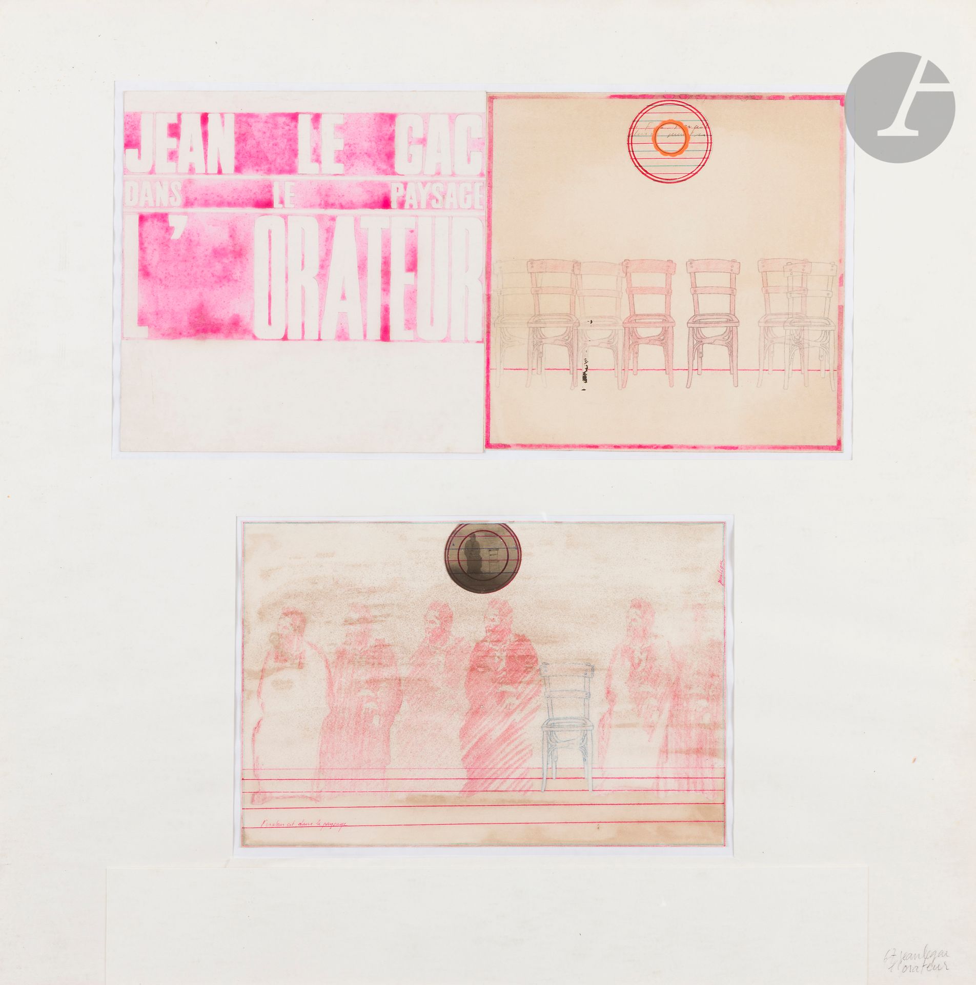 Jean LE GAC (né en 1936)
Dans le paysage, L’Orateur
3 encres roses sur traits de crayon dans un même encadrement.
Signées et titrées dans la composition.
23,5 x 23,5 - 23 x 23 cm - 21 x 32
(Papier légèrement insolé).