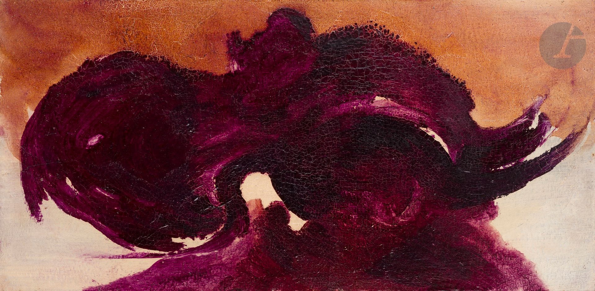 René DUVILLIER (1919-2002)
La Bête du Gévaudan, 1954
Huile sur isorel.
Signée, datée et titrée au dos.
(Fines craquelures).
36 x 72 cm