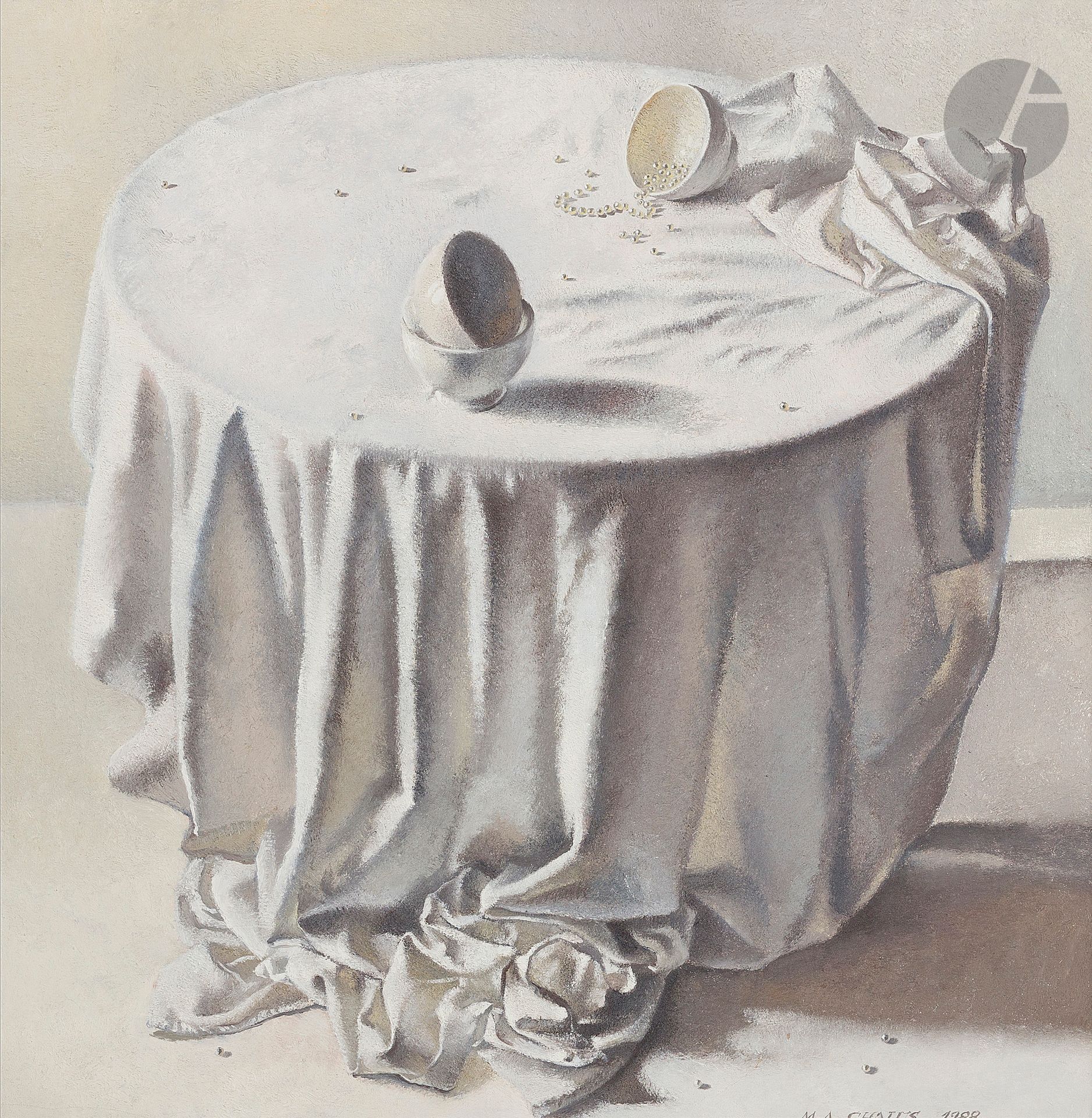 Marie-Antoinette CHALUS (née en 1947)
La Table, 1988
Huile sur toile.
Signée et datée en bas à droite.
120 x 120 cm

Provenance : 
Alain Blondel Galerie, Paris (étiquette au dos sur le châssis).
 
Nous remercions Marie-Antoinette Chalus d’avoir confirmé l’authenticité de cette œuvre.