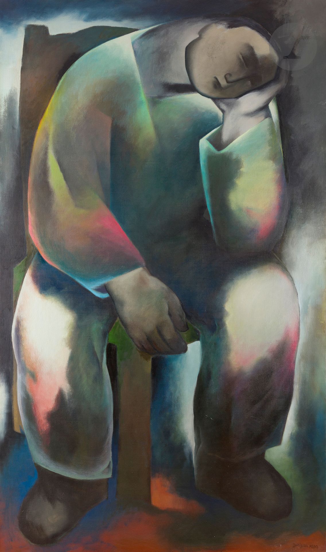 Sandor JOZSA [hongrois] (1910-1989)
Homme assis endormi, 1989
Huile sur toile.
Signée et datée en bas à droite.
198 x 110 cm