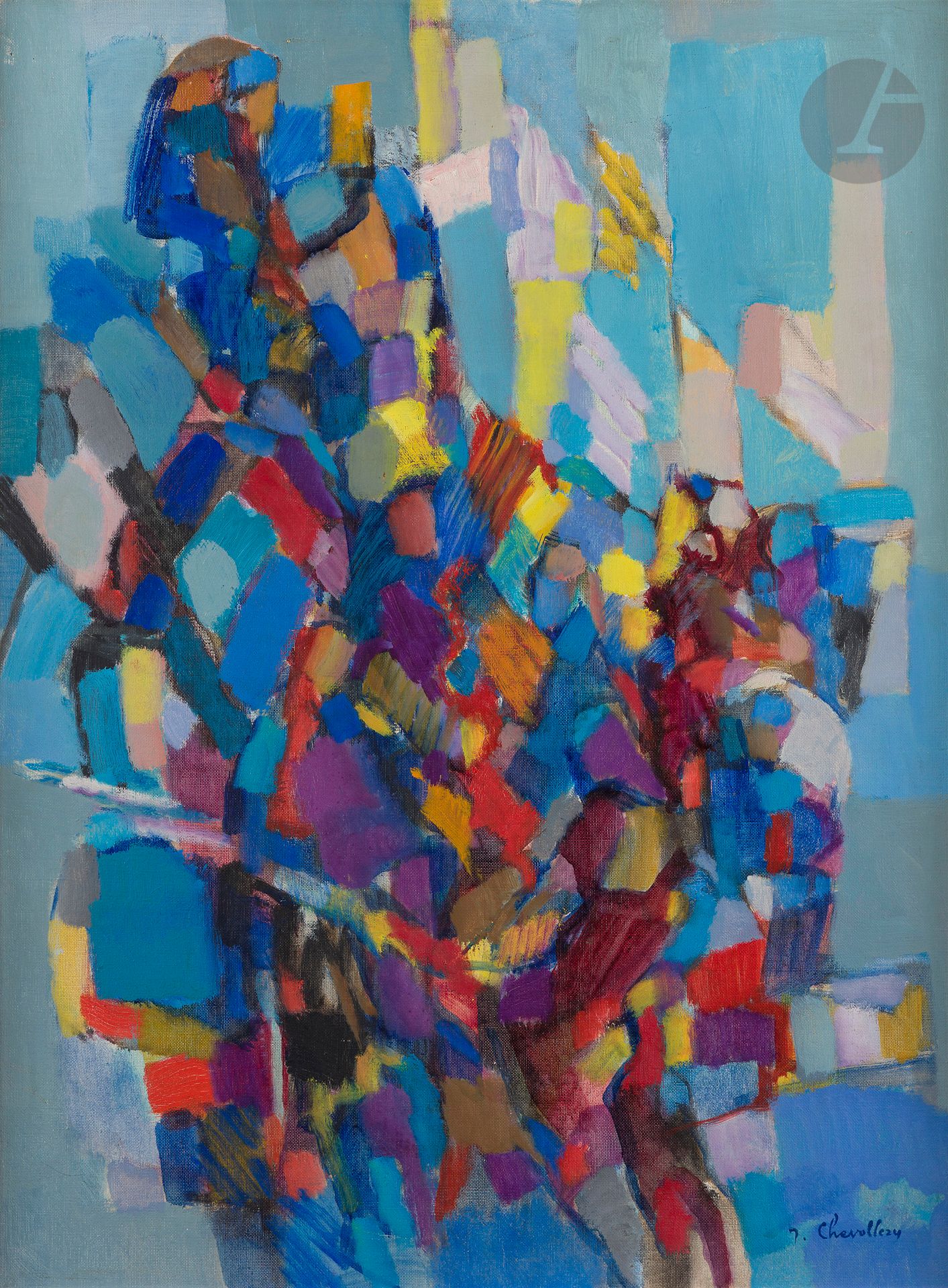 Jean CHEVOLLEAU (1924-1996)
Marins au port
Huile sur toile.
Signée en bas à droite.
Signée et titrée au dos.
65 x 50 cm

Provenance : : 
Camille Renault, Puteaux (sa marque au feutre au dos).