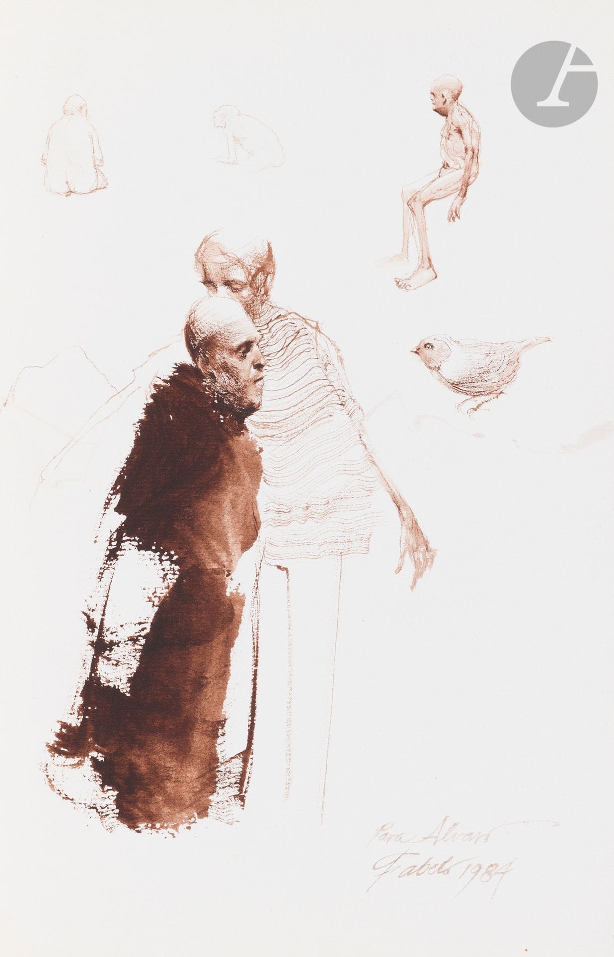 Roberto FABELO [Cuban] (born 1950
)Characters and Bird, 1984Ink
and ink wash.
Signed, dated and dedicated in the lower right corner.
19,5 x 12,5 cm



