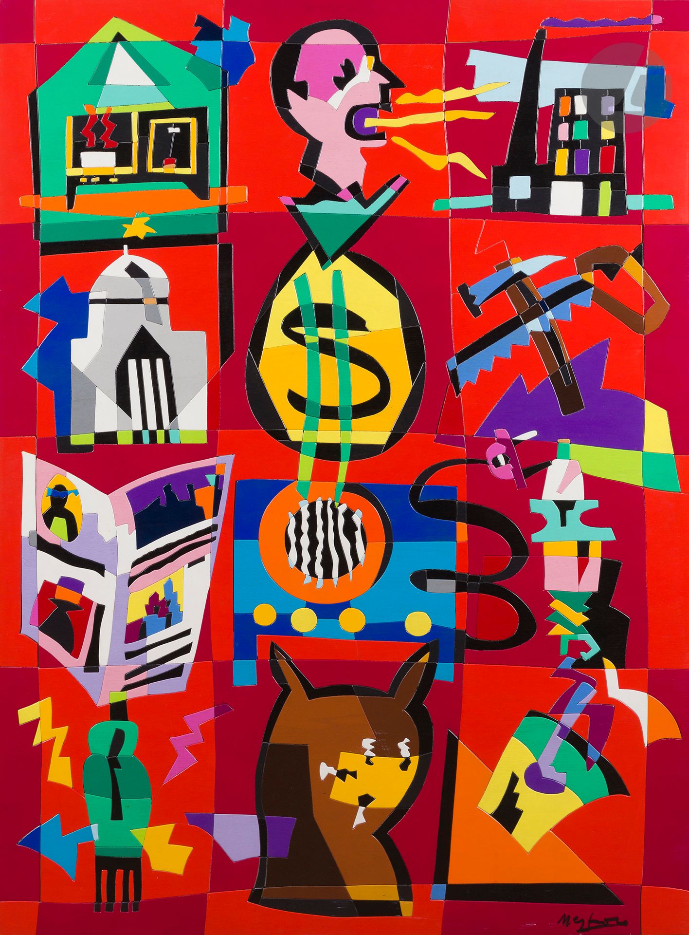Ugo NESPOLO [italien] (né en 1941)
Sogni a scacchi, 1997
Acrylique sur assemblage de bois.
Signée en bas à droite.
Titrée et marque de l’artiste au fer au dos.
140 x 100 cm

Un certificat de l’artiste n° 2236 sera remis à l’acquéreur.