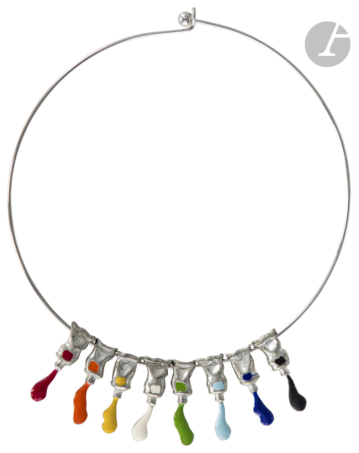 Armand FERNANDEZ dit ARMAN 
(1928-2005)
Tubes de peinture, 2001
Collier en métal argenté et émail.
Signé, daté et copyright sur chaque tube.
Hauteur des Tubes : 3,4 cm
Diamètre : 14 cm