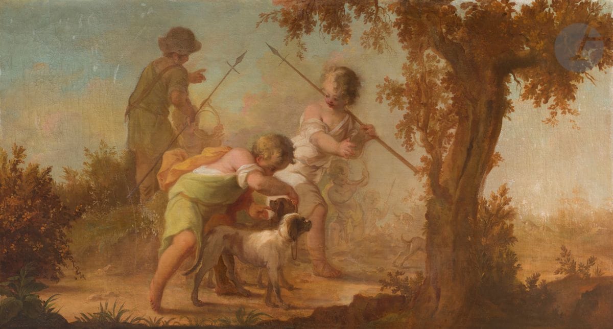 Johann Heinrich KELLER (Zürich 1692 - La Haye 1765)
Jeunes enfants chasseurs
Toile anciennement chantournée, agrandie sur les côtés
Signée et datée au centre « J Keller/1753 »
82,5 x 163 cm
(Restaurations anciennes) 

Ce tableau peut être rapproché de cinq toiles, aux dimensions similaires, commandées par Guillaume IV d’Orange-Nassau, aujourd’hui conservées au Stichting Historische Verzamelingen van het Huis Oranje-Nassau de La Haye. Ces cinq toiles, comme notre tableau, sont datées 1753.