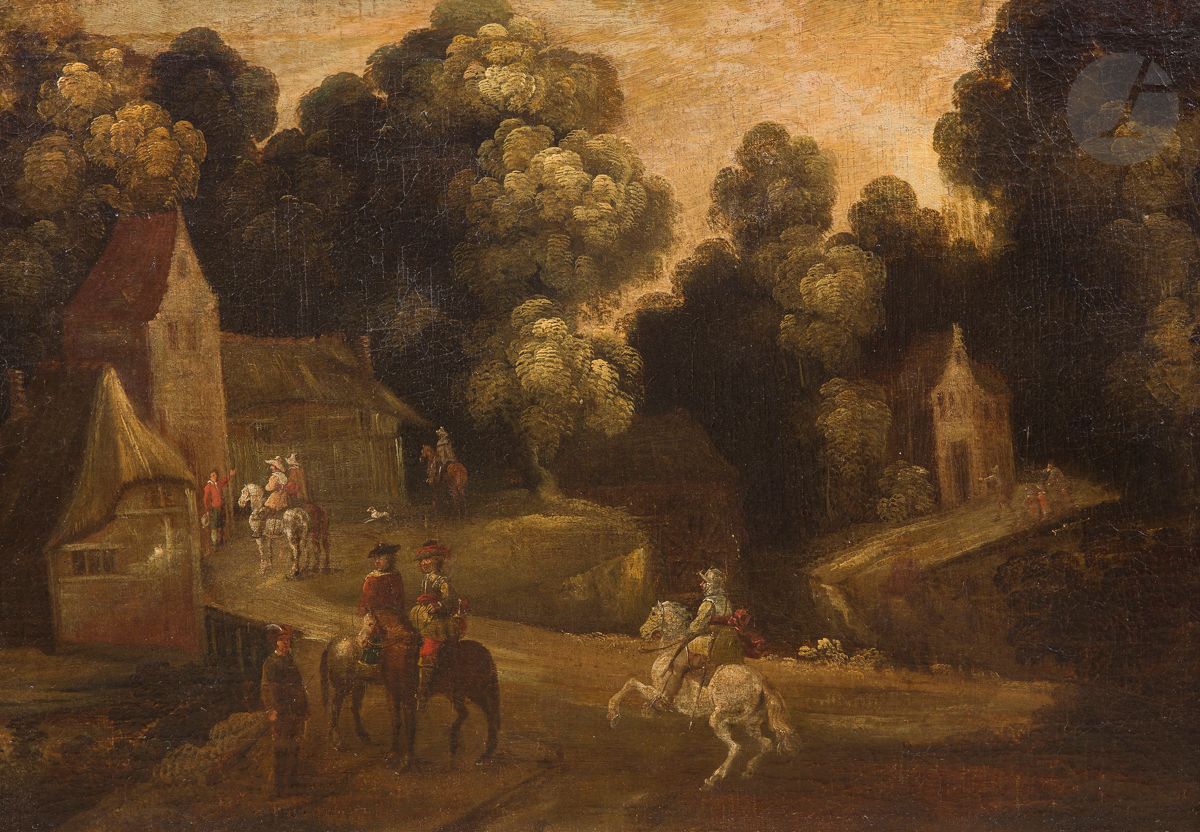École FLAMANDE du XVIIe siècle, entourage de Pieter MEULENER (1602-1654)
Cavaliers à l’entrée d’un village
Toile
58,5 x 83,5 cm
(Restaurations)