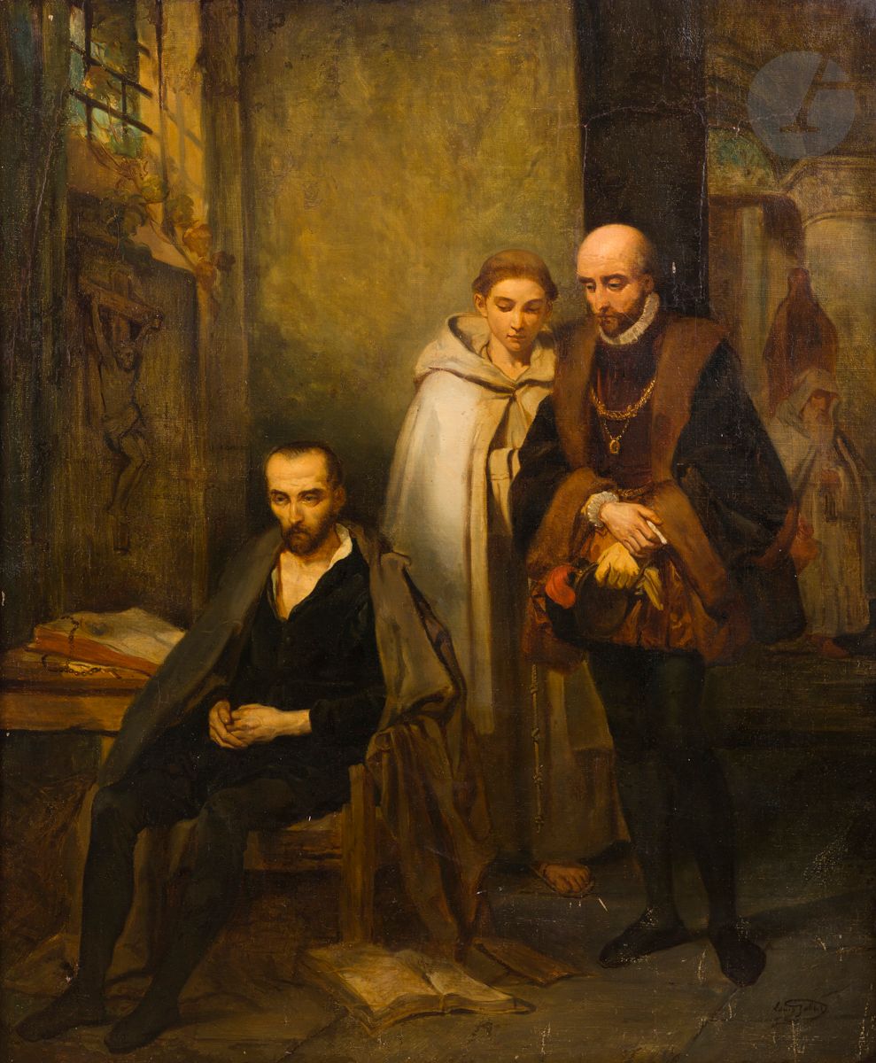 Louis GALLAIT 
(Tournay 1810 - Schaerbeck 1887)
Montaigne visitant Le Tasse au monastère de Saint Just
Toile d’origine
Signée en bas à droite
103 x 86 cm