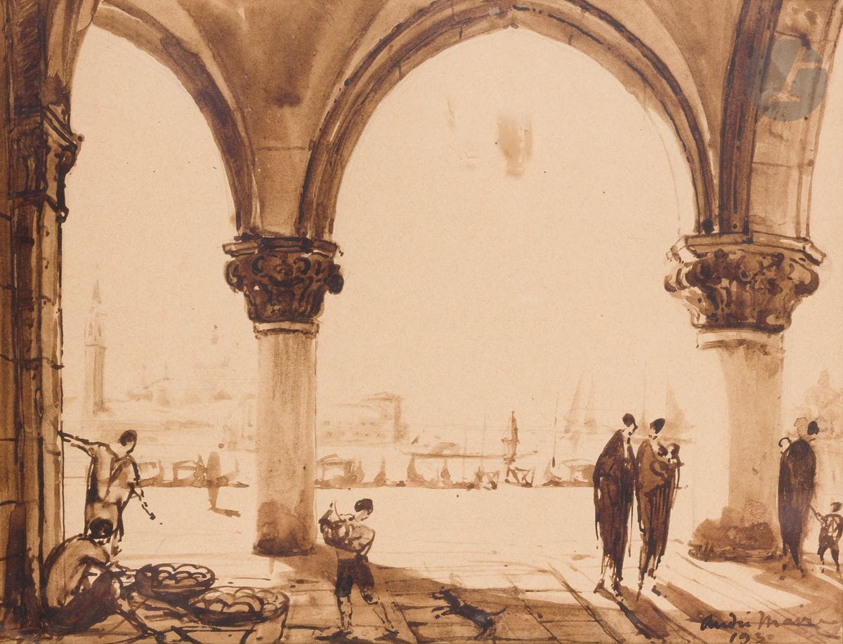 André MAIRE (1898-1984)
Venise, les arcades, 1930
Encre et lavis d’encre sur traits de crayon
Signée et datée en bas à droite
27 x 35 cm