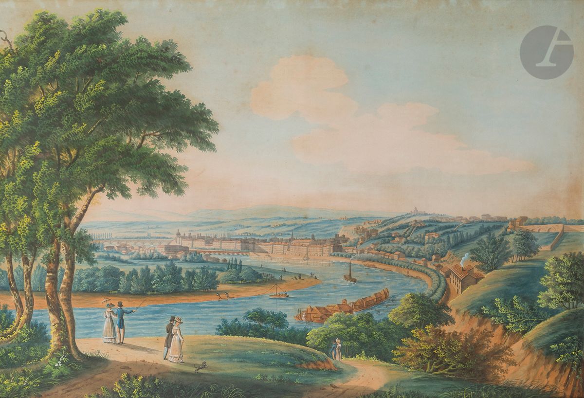 École FRANCAISE du XIXe siècle
Vue d’une ville animée au bord d’un fleuve
Aquarelle gouachée sur traits gravés
63 x 84 cm