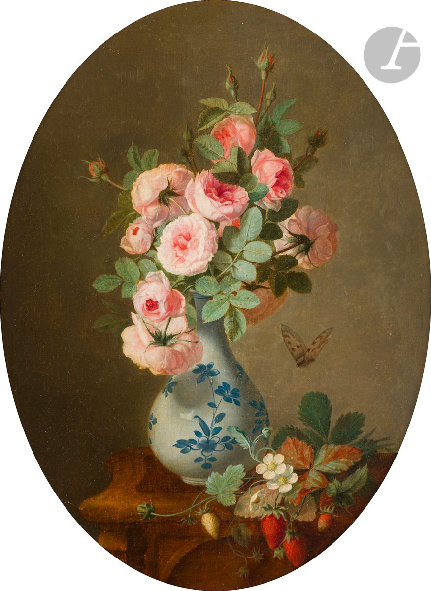 École FRANCAISE du XIXe siècle
Vase de roses et fraises des bois sur un entablement
Toile rectangulaire à vue ovale
40 x 32,5 cm
Cadre