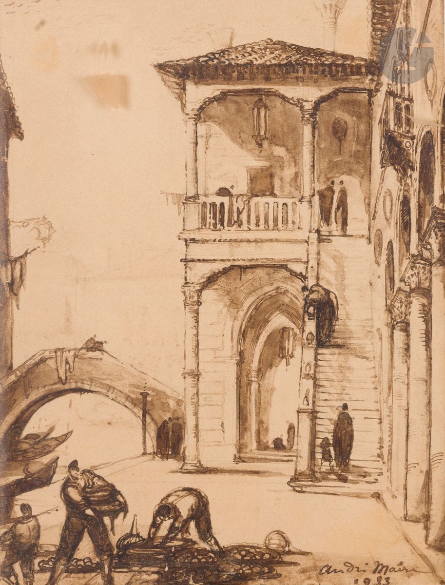 André MAIRE (1898-1984)
Venise, un palais, 1933
Encre et lavis d’encre sur traits de crayon
Signée et datée en bas à droite
36 x 28 cm