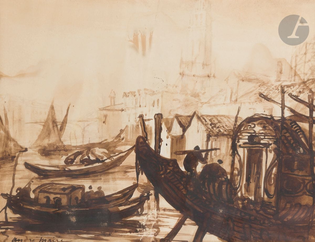 André MAIRE (1898-1984)
Venise, les gondoles
Encre et lavis d’encre sur traits de crayon
Signée en bas à droite
28 x 36 cm
(Légère usure)