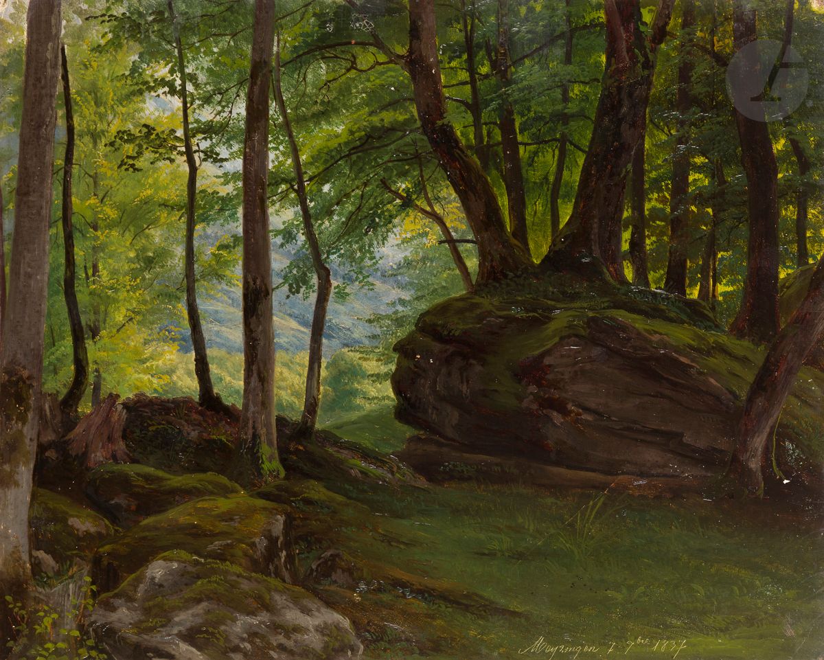 École SUISSE, 1837
Vue d’un sous-bois à Meiringen, Suisse
Toile marouflée sur carton
Localisée et signée en bas à droite : « Meyringen 7 7bre 1837 »
25 x 30 cm
