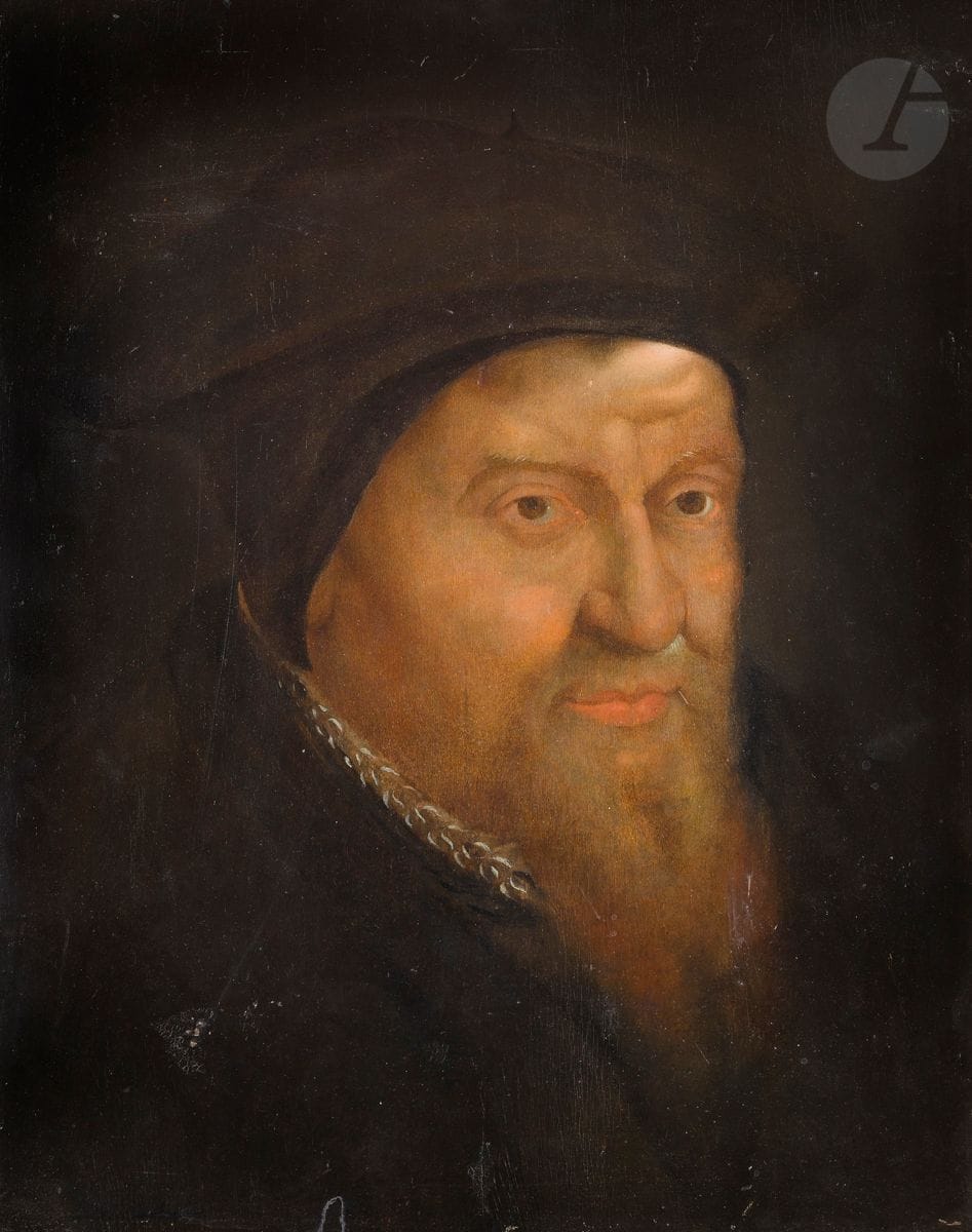 École SUISSE du XVIe siècle
Portrait présumé d’Ulrich Zwingli
Panneau de hêtre, une planche, non parqueté
46 x 35,5 cm
Inscriptions à la plume au revers « Thomas Moras / John Rudolph Lutherburg pinxit invenit ... »
(Restaurations anciennes)