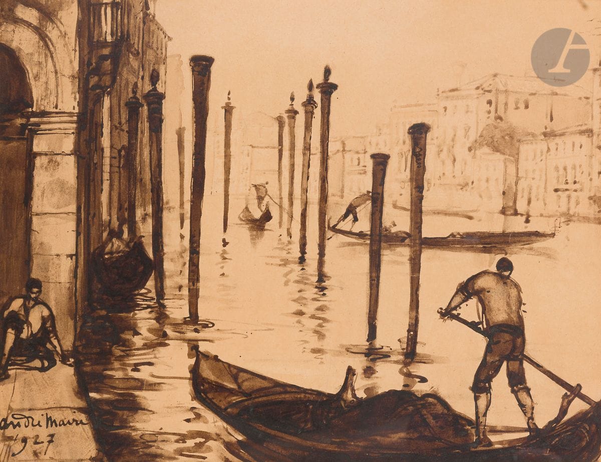 André MAIRE (1898-1984)
Venise, les gondoliers, 1927
Encre et lavis d’encre
Signée et datée en bas à gauche
27,5 x 35 cm