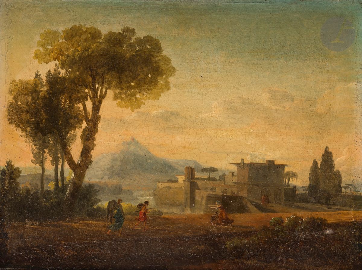 Nicolas-Antoine TAUNAY
(Paris 1755-1830)
The Return of Tobie
Canvas
32,5 x 41 cm
On the back of the stretcher a label with an inscription in ink "Taunay painter of historical landscape /...in Paris, died in 1830. Pupil of Casanova"

 Nicolas-Antoine Taunay painted on the motif with his friends Jean-Joseph Bidauld, Lazare Bruandet or Jean-François Swebach-Desfontaines in the forests of Fontainebleau and Saint-Germain. In 1784, he was admitted to the Academy but never became a member. However, he obtained a pension at the French Academy in Rome where he spent three decisive years: he trained in neo-classicism in the wake of David, painting landscapes and historical subjects, and was a student of Casanova. The composition of this Return of Tobias was known from the large version (176 x 242 cm; cf. Claudine LEBRUN-JOUVE: Nicolas-Antoine Taunay (1755-1830), Paris, 2003; Cat. P.224 p. 156, repr.) that Taunay exhibited at the Royal Academy of France in Rome in 1786 (n° 36), then at the Salon of 1787 (n° 212) and at the Salon of
1791 (n° 216). Claudine LEBRUN-JOUVE: Nicolas-Antoine Taunay (1755-1830), Paris, 2003; Cat. P.224 p.156, repr.

The Book of Tobit, written around 200 B.C., is included in the Old Testament. Tobias is sent by his father to retrieve the sum of money that his father had lent to one of his relatives. On the way, he meets the archangel Raphael who accompanies and protects him. Here we see him welcomed by his mother who runs to meet him as he returns with Raphael.