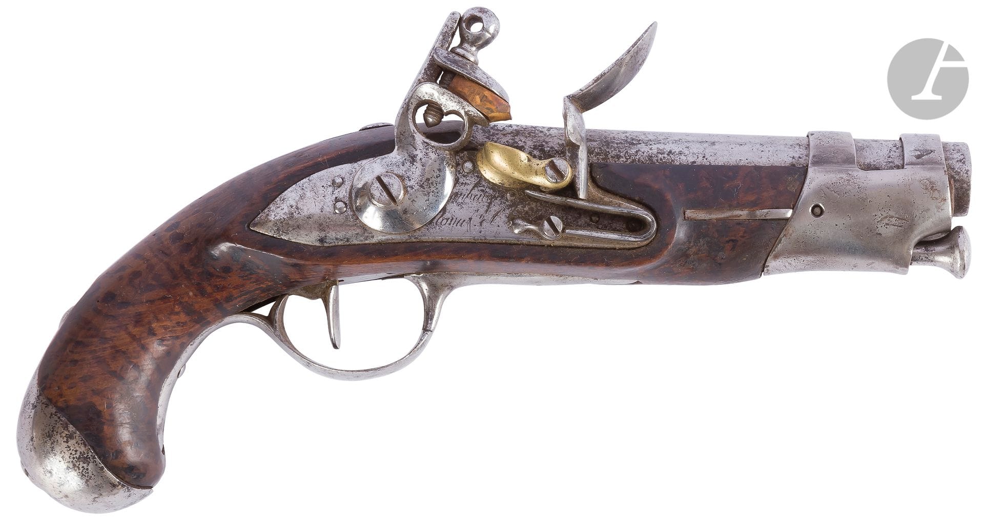 
Flintlock gendarmerie pistol model year IX. {CR}Barrel stamped " M 13 ", breech tail marked " M AN 9 ". {CR}Plate signed "Maubeuge Manuf Nle". Cut iron fittings. Restored walnut stock {CR}Overall length : 24,3 cm - Barrel length : 12,8 cm{CR}In the state. Pitting, mouthpiece and ramrod later.

Note: The condition of the guns in M.A.'s collection is given as an indication, many guns having undergone modifications, repairs and restorations.

 

 We have noted the main oneś. They are sold in the state
