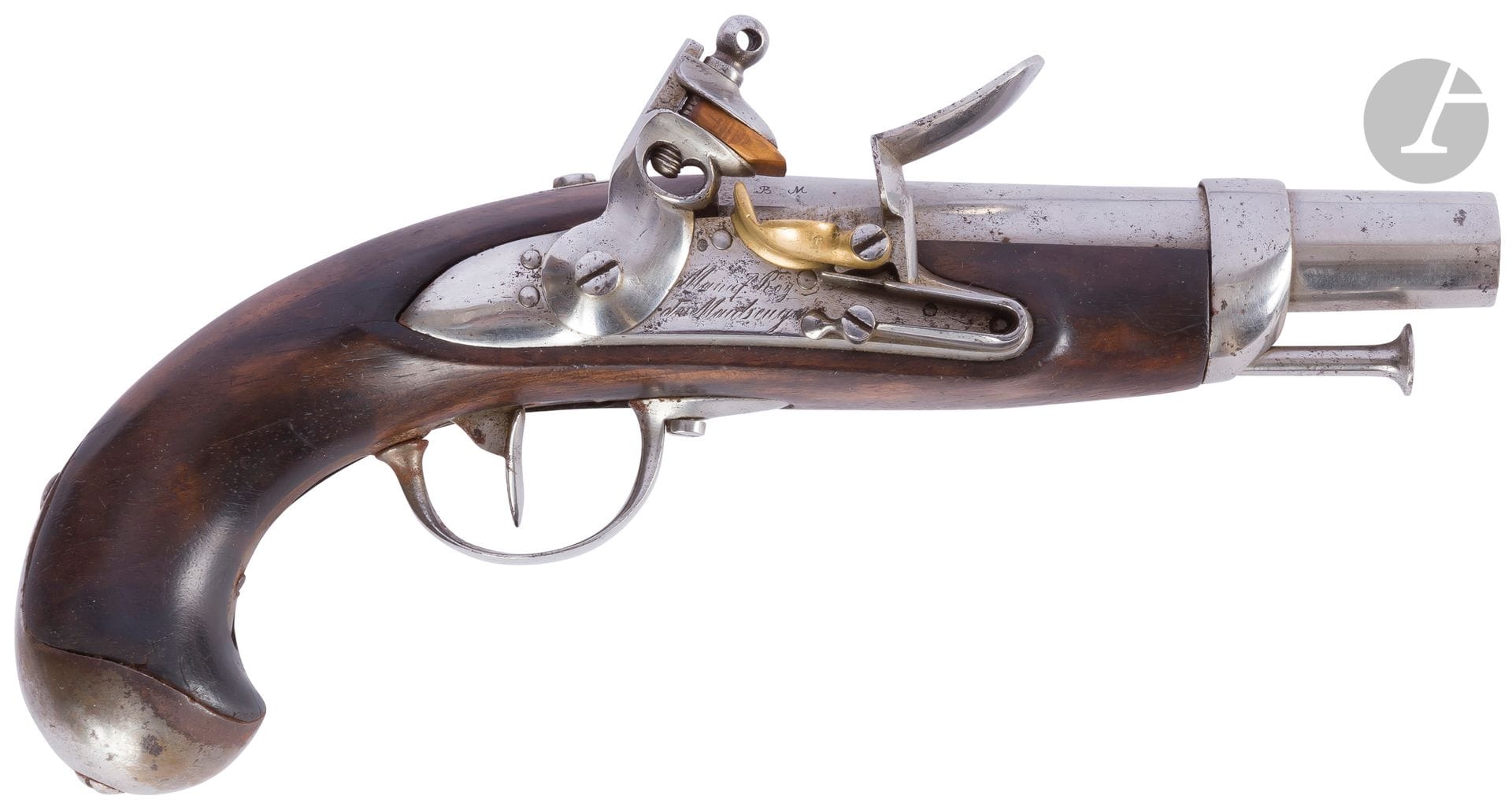 
Gendarmerie flintlock pistol model 1816. {CR}Round barrel, with thunderbolt, stamped and dated C.1821. {CR}Breechblock "Mle 1816". Punched and engraved lock "Manuf Roy de Maubeuge" and round body hammer. {CR}Punched iron fittings. Stock in drowning with posterior seal. Iron ramrod {CR}Overall length: 24.5 cm - Barrel length: 12.5 cm{CR}A.B.E. (Pitting).

Note: The condition of the guns in M.A.'s collection is given as an indication, many guns having undergone modifications, repairs and restorations.

 

 We have noted́ and noted the main ones. They are sold in the state

