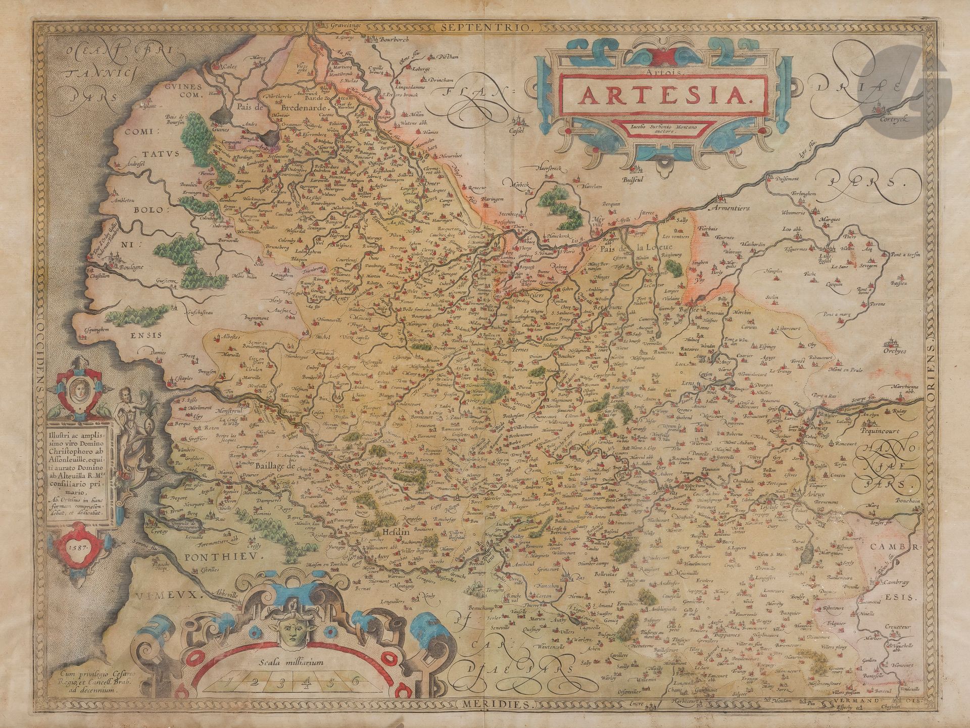 
Carte. Gravure aquarellée de 1587 : Artesia (Artois)
Encadrée sous verre, (rousseurs et taches).
﻿41 x 53,5 cm