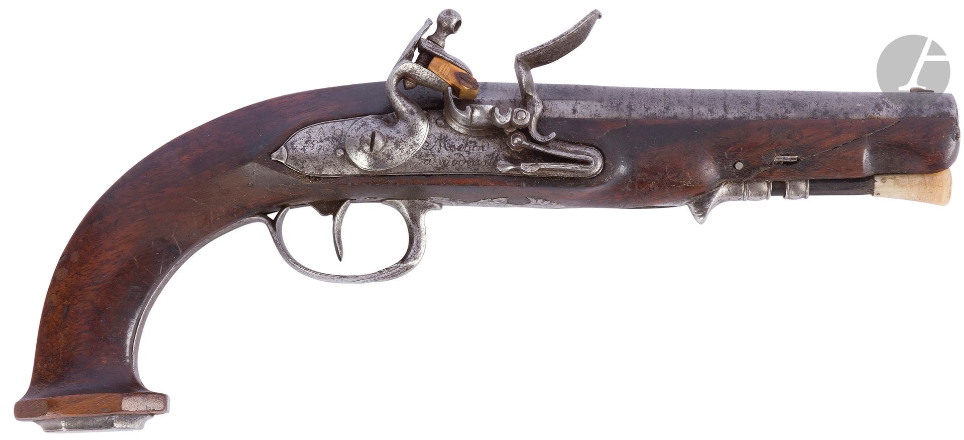 
Officer's flintlock pistol. {CR}Round barrel with flats on the top and thunderbolts. Lock signed "Modion à Godeville" and swan neck hammer with round body. Iron basin with spark guard, spring with roller. Cut iron fittings engraved chiseled, cap with eight sides. Walnut stock with flat back. Wooden ramrod with horn tip (later).  {Overall length : 30 cm - Barrel length : 16 cm{CR}E.M. First Empire period. Crack and groove on the barrel over 7 cm, pitting.

Note: The condition of the weapons in M.A.'s collection is given as an indication, many weapons having undergone modifications, repairs and restorations.

 

 We have noted́ and noted the main ones. They are sold in the state
