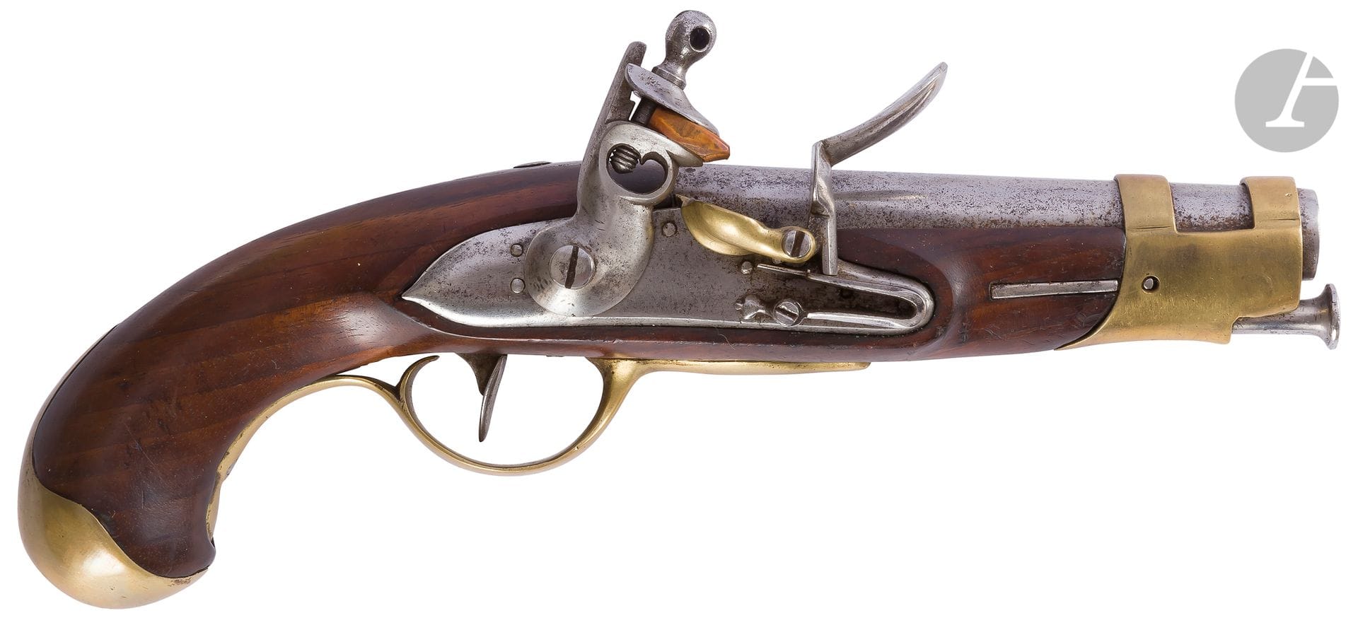 
Pistolet à silex de gendarmerie type An IX.{CR}Canon rond à méplats au tonnerre frappé « D 1811 ». {CR}Platine à corps plat, chien à corps rond. {CR}Garnitures en laiton, crosse en noyer, baguette en fer.{CR}Longueur totale : 25,5 cm - Longueur du canon : 12,5 cm{CR}A.B.E.

Nota : L’état des armes de la collection de M.A. est donné à titre indicatif, beaucoup d’armes ayant subi des modifications, des réparations et des restaurations.

 

 Nous avons relevé́ et noté les principales. Elles sont vendues en l’état 
