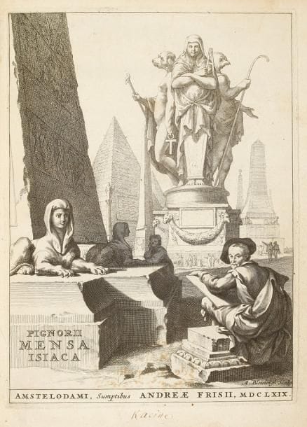 PIGNORIA (Lorenzo)
Mensa Isiaca, qua Sacrorum apud Ægyptios ratio & simulacra subjectis tabulis æneis simul exhibentur & explicantur. - Magnae deum matris idææ & attidis initia. - Manus Ænea, cecropii votum referentis, dilucidatio. Auctore Jacobo Philippo Toasino. Amsterdam: Andreæ Frisii, 1669. 2 ouvrages en un volume in-4, (5 ff.), 96 pp., (6 ff.), 1 pl.; (4 ff.), 96 pp., 11 pl. - Basane brune, dos à nerfs orné, tranches mouchetées (reliure de l'époque). Troisième édition, la meilleure consacrée à l'explication de la table d'Isis, ou table Isiaque, par l'antiquaire Laurenzo Pignoria (1571-1631). Cette table, considérée comme l'un des monuments les plus précieux de l'ancienne Égypte, est une grande plaque de cuivre gravée représentant presque tous les Dieux de l'Égypte et leurs symboles et renfermant les mystère d'Isis; elle fut dérobée en 1525 lors de la prise de Rome, entra en possession du Cardinal Bembo puis du duc de Mantoue. Elle est aujourd'hui conservée à Turin. Le second ouvrage que l'on trouve habituellement à la suite, est divisé en deux parties, chacune avec une page de titre particulière. Également de Lorenzo Pignoria, la première propose une étude de la main panthée et de la statuette d'Atys. La seconde est de Giacomo Filippo Tomasini (1595-1655) et concerne l'étude d'une autre main; elle se termine par une vie de Pignoria. L'édition est illustrée d'un frontispice gravé par Blotelingh, d'une vignette sur chacun des titres, de 35 gravures sur cuivre dont 25 dans le texte et 9 à pleine page, et de 12 planches dont 11 repliées représentant la table d'Isis. Exemplaire dont le frontispice porte la signature "RACINE" qui n'est nullement celle de Jean ou de Louis. Il est joint un morceau de manuscrit faisant référence au frontispice de l'ouvrage, que Jacques Millot attribue sur un papier volant à Louis Racine. Des bibliothèques de l'écrivain Philibert-Nicolas Hemey (ex-libris), du médecin Cyrille Rigaud (tampon ex-libris) et de Jacques Millot (ex-libris, cat. 17 et 18 décembre