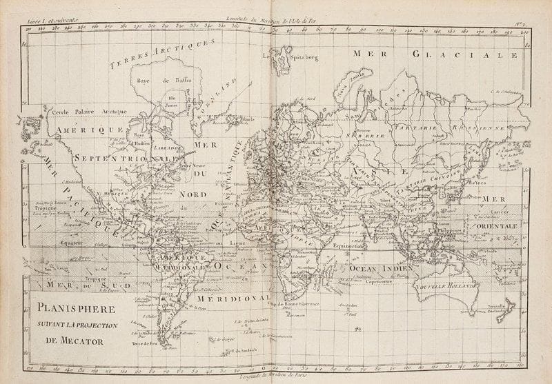 RAYNAL (Guillaume-Thomas)
Histoire philosophique et politique Des Établissemens et du Commerce des Européens dans les deux Indes. Genève: Jean-Leonard Pellet, 1780. 5 volumes in-4 dont un Atlas, portrait, XVI, 741 pp., 1 pl.; front., (2 ff.), VIII, 485 pp.; front., XV, 629 pp.; front., (2 ff.), VIII, 770 pp., (1 f.); 22 pp., (1 f. bl.), 50 cartes pour l'Atlas. - Veaux marbrés, triple filet doré en encadrement sur les plats pour les volumes de texte, dos à nerfs ornés, tranches marbrées pour les volumes de texte et rouge pour l'atlas (Reliures de l'époque). Troisième édition in-4, en partie originale, la meilleure de cet ouvrage dû à Raynal, avec la collaboration, entre autres, de Diderot et de Holbach. L'auteur y retrace l'histoire des colonies depuis la découverte de l'Amérique et tente de démontrer comment les découvertes successives ont influencé le commerce et la culture européenne. Il dénonce notamment l'esclavage et l'exploitation des colonies. Cette troisième édition est la dernière révisée par Raynal. Il y donne une version encore plus virulente que les précédentes, ce qui valut à l'ouvrage d'être condamné par le Parlement de Paris et brûlé en place publique. L'édition est illustrée d'un portrait de Raynal d'après Cochin portant la devise "Au Défenseur de l'Humanité, de la Vérité, de la Liberté", et de 4 planches d'après Moreau le Jeune, dont trois placées en frontispice. L'exemplaire est bien complet de l'Atlas contenant 50 cartes dressées par Bonne, ingénieur hydrographe de la marine. Il manque les 23 tableaux à la suite des cartes. Exemplaire enrichi dans le volume de l'Atlas, de l'Arrêt de la Cour de Parlement du 25 mai 1781 condamnant l'ouvrage à être lacéré & brûlé par l'Exécuteur de la Haute-Justice, 12 pages in-4, ainsi que de la Censure de la faculté de théologie de Paris, Contre un Livre qui a pour titre: Histoire philosophique et politique, &c, éditée chez Clousier en 1781, XII et 114 pages in-4, texte en français et latin. Quelques frottements et épidermures, coins émouss