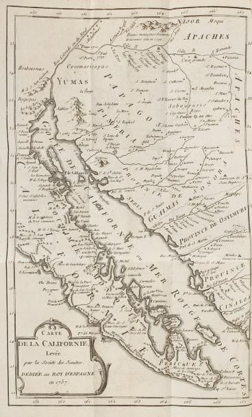 [VENEGAS (Miguel)]. Histoire naturelle et civile de la Californie. Paris: Durand, 1767. 3 volumes in-12, (1 f.), xxiv pp. mal ch. xxij, 360 pp., 1 carte; viij, 375 pp.; viij, 354 pp., (1 f.) - Veau marbré, dos à nerfs orné, tranches rouges (reliure de l'époque). Première édition en français de cette importante étude générale sur la Californie. IL S'AGIT DE L'UN DES MEILLEURS LIVRES ANCIENS CONSACRÉS À CETTE RÉGION. L'originale parut en espagnol de façon posthume en 1757, publiée par le jésuite André-Marc BURRIEL à partir essentiellement de l'histoire manuscrite composée au Mexique en 1739 par le père Miguel VENEGAS, et des mémoires des missionnaires jésuites auxquels le gouvernement espagnol avait abandonné l'administration de la Californie. Une traduction anglaise en fut donnée en 1759 qui servit à cette traduction réalisée par Marc Antoine EIDOUS (1724-1790), un des contributeurs de l'Encyclopédie. La dernière partie de l'ouvrage contient divers extraits de voyages, notamment de Sébastien Vizcaino en 1602, du capitaine Woods Rogers et de Lord Anson. Illustrée d'une carte repliée de la Californie "Levée par la Société des Jésuites" en 1757. De la bibliothèque de M. de Gourgue, avec ex-libris armorié de l'époque. Bel exemplaire, n'ayant qu'un petit accroc à une coiffe et de petits trous de ver à deux mors