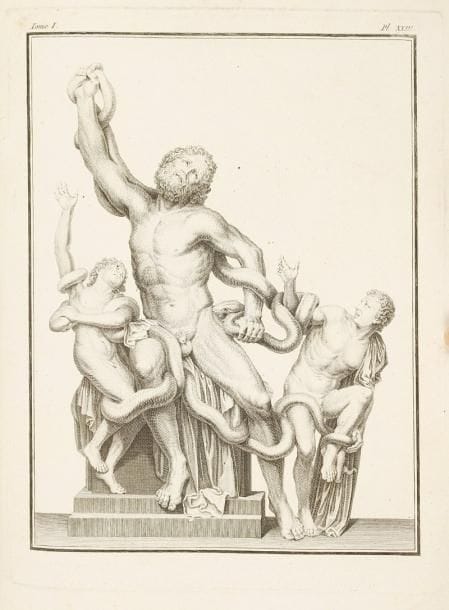 WINCKELMANN (Johann-Joachim)
Histoire de l'art chez les anciens. Paris: H. J. Jansen et Cie, An II (1793) (Tome I); Paris: Bossange, Masson et Besson, XI-1802 (Tome II) et 1803 (Tome III). 3 tomes en deux volumes in-4, portrait, cij, 695 pp., 25 pl.; front., (2 ff.), 692 pp., 37 pl.; front., 405 pp., (1 f.), 3 pl. - Veau fauve, double filet à froid en encadrement et armes dorées au centre sur les plats, dos à nerfs orné, tranches marbrées, roulette dorée intérieure (Weber). Très belle édition de l'Histoire de l'art chez les anciens, sans conteste l'oeuvre maîtresse de l'écrivain et archéologue allemand Winckelmann, l'un des fondateurs de l'histoire de l'art moderne. Cette édition propose la traduction du texte par Huber, revue par Jansen. Ces trois volumes sont annoncés comme les 3 premiers d'une série de 8; il s'agit en réalité des seuls parus. Le premier volume porte au faux-titre l'indication "Oeuvres complètes de Winkelmann". Le texte est précédé d'un éloge de l'auteur par le professeur Heyne et d'un abrégé de sa vie par Huber. Il est suivi de 7 textes dont plusieurs de M. Heyne. Le second volume contient la fin de l'Histoire de l'art, suivie des Observations sur l'Architecture des anciens et des Observations sur le Temple de Girgenti. Le troisième volume forme la seconde partie du tome II. Il contient la Lettre du père Paolo, sur l'origine et l'antiquité de l'architecture, un texte de Rode et Riem intitulé De la peinture chez les anciens, pour servir de suite à l'histoire de l'art, et se termine par deux textes de M. Hayne, De la toreutique chez les anciens et Observations sur quelques passages de l'histoire de l'art. L'édition est illustrée de 3 frontispices, dont un portrait de l'auteur, de trois vignettes de titre, de 86 figures (3 à pleine page, 47 culs-de-lampe, 36 bandeaux), et de 65 planches, le tout finement gravé sur cuivre. Certaines compositions sont signées Copia. EXEMPLAIRE AUX ARMES DE LA FAMILLE PAVÉE DE VENDEUVRE. Bel exemplaire. Travail de ver à une charnière du premier vo
