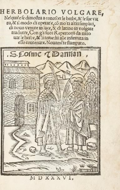 [BOTANIQUE]. Herbolario volgare, Nelquale se dimostra a conoscer le herbe, & le sue virtu, & il modo di operarle, cõ molti altri simplici, di nuovo venute in luce, & di latino in volgate tradutte, Con gli suoi Reperttorii da ritrouar le herbe, & li remedii alle infirmita in esso contenute. Nuame(n)te stampato. [Venise: Francesco di Alessandro Bindone, Mapheo Pasini], 1536. Petit in-8, (12 ff.), 171 ff. mal ch. CLXIX, (18 ff.) - Demi-vélin, dos lisse (reliure du XIXe siècle). Troisième édition en italien très rare de l'Herbarius latinus, publiée pour la première fois par Peter Schoeffer en 1484 et traduite la même année en hollandais. La première édition en italien fut publiée en 1522 au format in-4 par Bindoni et Pasini, puis une seconde sortit en 1534 à Venise chez Vassore. Celle-ci est la troisième qui est une reprise dans un format plus maniable de l'édition de 1522. Cet ouvrage de botanique est resté anonyme. Livre de référence, il propose une compilation de sources classiques, arabes et médiévales sur les plantes médicinales. Divisé en deux parties, la première propose la description et les qualités thérapeutiques de plus de 150 plantes que l'on trouve spécifiquement en Allemagne; la seconde donne une liste de remèdes de nature végétale disponibles dans les pharmacies et auprès des marchands d'épices. Les plantes et remèdes sont présentés par ordre alphabétique. L'ÉDITION EST ILLUSTRÉE DE 171 BOIS, essentiellement de plantes, et d'une figure également gravée sur bois sur le titre, représentant Saint Côme et Damien discourant. Ex-libris ancien en italien sur l'ancienne première garde, tampon et signature du XXe siècle de Mario Pedro Arata sur le même feuillet et au verso du titre. Ce dernier a inscrit sur la première garde de la reliure une biographie sommaire de Giambattista Rosario qu'il pensait être l'auteur de l'ouvrage. Cette note est datée de Buenos Aires 1901. Charnières fendues et réparées, la première garde est détachée. Six derniers feuillets légèremen