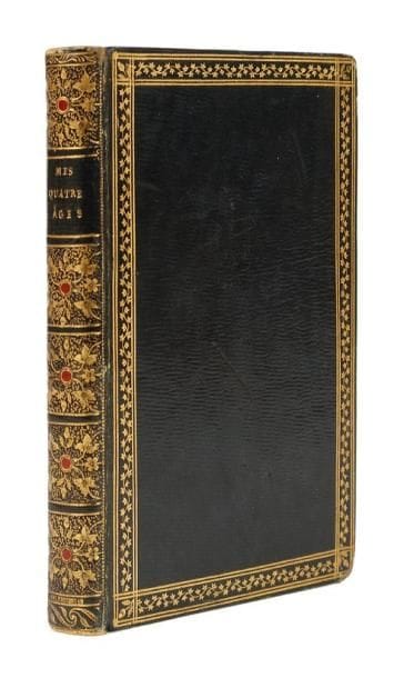 PONCET-DELPECH FILS (J -M Saint-Cyr)
Mes quatre âges, ou les quatre âges de l'homme, poëme. Seconde édition, augmentée de plusieurs pièces inédites. [suivi de]: Les Lunettes, épitre à monsieur Louis-Antoine Fille. Paris: L. G. Michaud, 1815 (1818). In-18, front., 248 pp., (1 f. bl.), 4 pl. - Maroquin bleu nuit, plats ornés d'un encadrement composé d'une roulette de feuillage sertie de deux doubles filets dorés, fer dans compartiment aux angles, dos lisse orné de caissons richement décorés de motif de feuillage avec pastille de maroquin rouge au centre sur fond de mille points, encadrement intérieur de maroquin bleu nuit orné d'une roulette dorée, doublures de tabis rose ornées sur les bords d'un filet et d'une roulette dorés, gardes de tabis rose, tranches dorées (P. Bozérian). Seconde édition de ce poème en quatre chants, contenant une nouvelle préface et présentant un poème totalement remanié par rapport à celui publié en 1805. L'édition a été augmentée de quatre pièces en vers: - Les Agréments d'un petit bien. - Ma Journée dans une petite ville. - Épitre à Glycère, sur l'art de plaire. - Épitre à mon médecin, sur les maladies de nerfs. Illustrée d'un frontispice gravé à l'eau-forte par les frères De Villiers d'après Moreau le jeune, le même que celui de la première édition. Il est ici en état avant la lettre. Exemplaire complet du très rare supplément imprimé sous l'adresse "L'Hermitage" en 1818 et ajouté à la publication avec une page de titre particulière et une pagination suivie. Ce supplément est une épître de Poncet-Delpech à monsieur Louis-Antoine Fille, chef d'institution, intitulée Les Lunettes. EXEMPLAIRE DANS UNE TRÈS BELLE RELIURE DE JEAN-CLAUDE BOZÉRIAN, DIT BOZÉRIAN AÎNÉ, ENRICHI DE 4 PLANCHES tirées de divers ouvrages de l'époque, dont une avant la lettre. La première est issue de l'édition de 1804 du Mérite des femmes de Legouvé. Petits frottements aux coiffes, un coin émoussé