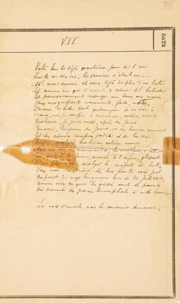 VERLAINE (Paul)
Dans les limbes. Paris: Léon Vanier, 1894. In-12, (5 ff. prem. bl.), II, 45 pp., (1 f.), couverture imprimée - Demi-maroquin vert à coins, filets dorés, dos à nerfs, tête dorée, non rogné, couverture et dos conservés (reliure du XXe siècle). Édition originale illustrée d'un portrait de Verlaine par Ladislas Loévy. Ce recueil présente 17 pièces composées à l'hôpital Broussais et clôt le "cycle Philomène" du nom de la prostituée que Verlaine rencontra en 1890, après Chansons pour Elle, Odes en son honneur et Élégies. Il y raconte sa vie à l'hôpital et les visites de Philomène qui venait le réconforter. Exemplaire sur papier courant, ENRICHI D'UN POÈME AUTOGRAPHE, sur un feuillet in-8, écrit au verso d'un papier de l'administration générale de l'assistance publique de Paris. Il s'agit du huitième poème du recueil. La version autographe, numérotée VII, ne comportant pas de ratures, propose six vers différents par rapport à la version imprimée. Le feuillet est malheureusement coupé en deux à la pliure centrale. Traces anciennes de scotch. De la bibliothèque de Jacques Odry, avec ex-libris. Dos passé