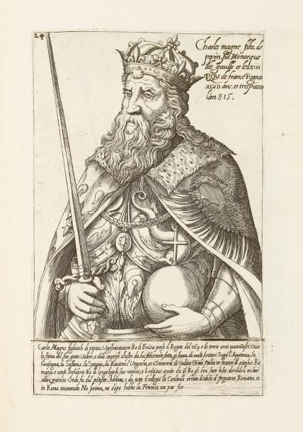 [HISTOIRE DE FRANCE]. Cronica breve de i fatti illustri de re di Francia, con le loro Effigie dal naturale, cominciando da Faramondo primo re di Francia, che regno l'anno della nostra salute CCCCXX. sino à Henrico III che regna hora del 1588. Venise: Bernardo Giunti, 1588. In-folio, (4 ff.), 63 pl. sur 62 ff. - Vélin ivoire à rabats, dos à nerfs (reliure du XIXe siècle). ÉDITION ORIGINALE dédiée à l'Ambassadeur de France à Venise André Harault et PREMIER TIRAGE DES 63 PORTRAITS gravés à l'eau-forte comprenant la représentation des 62 rois de France à mi-corps depuis Pharamond jusqu'à Henri III et le portrait de Charles Martel placé au verso de Dagobert II. Les gravures sont attribuées à Fr. Franco. Deux légendes sont gravées dans la plaque, l'une en français placée en haut et donnant le nom du roi et l'année de sa mort, la seconde en italien plus importante placée dans un cartouche sous le portrait. Bel exemplaire dans une reliure pastiche du XIXe siècle. Le dernier portrait a été découpé dans la marge. Taches à quelques portraits, sans gravité, légères piqûres.