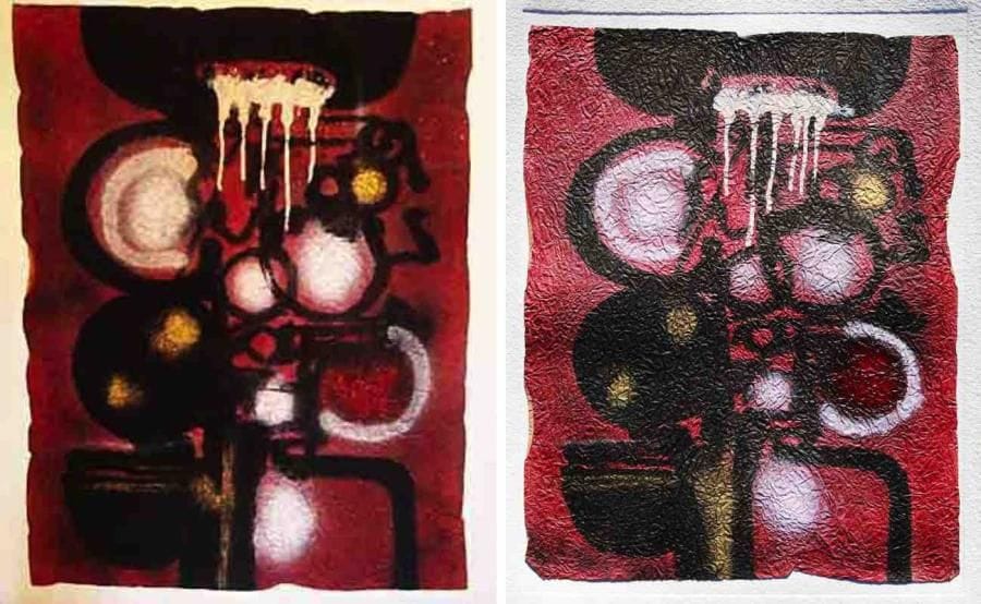 Ladislas Kijno (né en 1921)
Lie de vin Lithographie froissée collée. Rehauts de peinture. Signée en bas à droite. Tirage à 75 exemplaires. 92 x 63 cm 37 exemplaires proposés. Seront divisés. Chaque