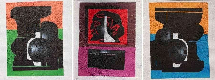 Ladislas Kijno (né en 1921)
Hommage à Noa Noa de Gauguin, Triptyque Lithographies froissées collées. Rehauts de peinture. Signées en bas à droite. Tirage à 100 exemplaires. 92 x 63 cm chaque 21 exemplaires proposés. Seront divisés. Chaque