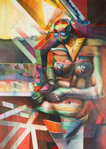 Marc Titron? (XXe siècle)
Femme assise, 1983. Acrylique sur toile. Signée et datée en bas au milieu. 160 x 113 cm