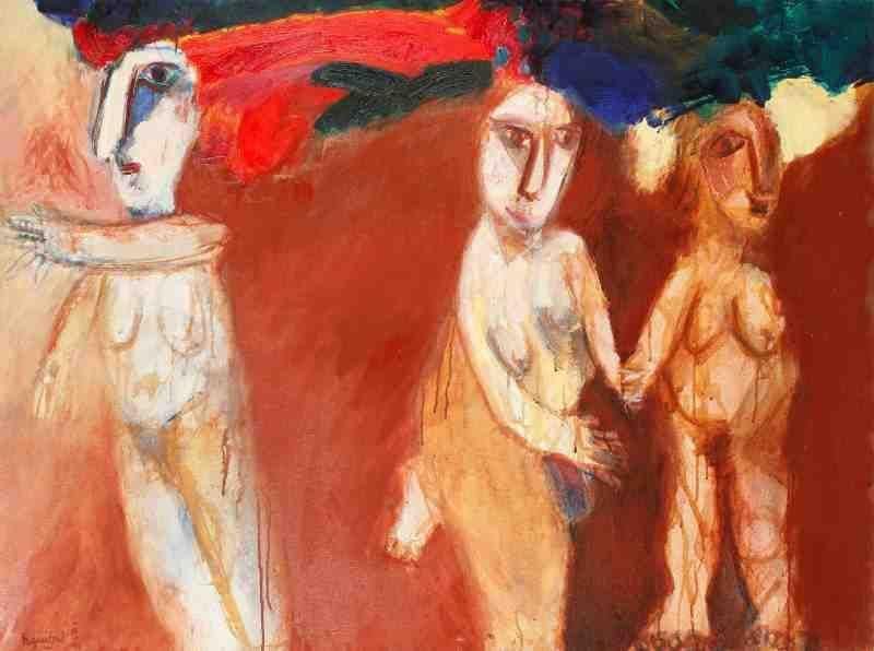 Henri Guibal (né en 1947)
Trois personnages, 1991. Huile sur toile. Signée et datée en bas à gauche. Signée, datée et titrée au dos. 97 x 130 cm