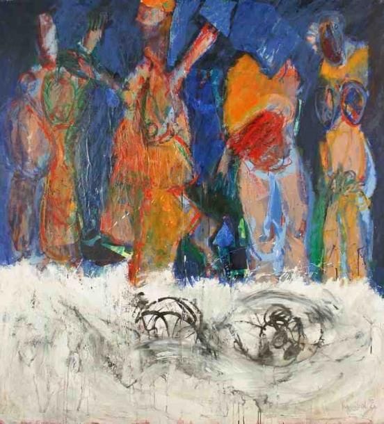 Henri Guibal (né en 1947)
L'eau froide, 1986. Huile et collage sur toile. Signée et datée en bas à droite. 167 x 152 cm