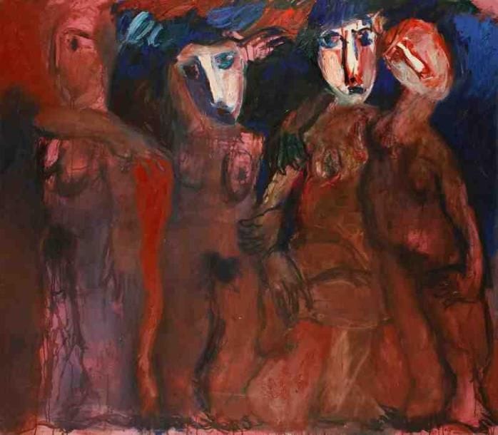 Henri Guibal (né en 1947)
Personnages, 1990. Huile sur toile. Signée et datée en bas à droite. 140 x 160 cm
