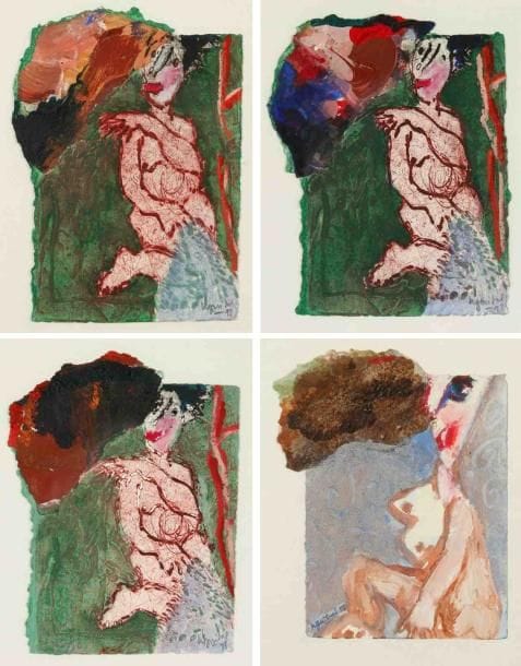 Henri Guibal (né en 1947)
Personnage, 1998. 3 Gravures au carborundum, collage et rehauts de peinture. Signées et datées en bas à droite. Tirages à 30 exemplaires. 22 x 17 cm - Cadres. On y joint une composition originale similaire encadrée.