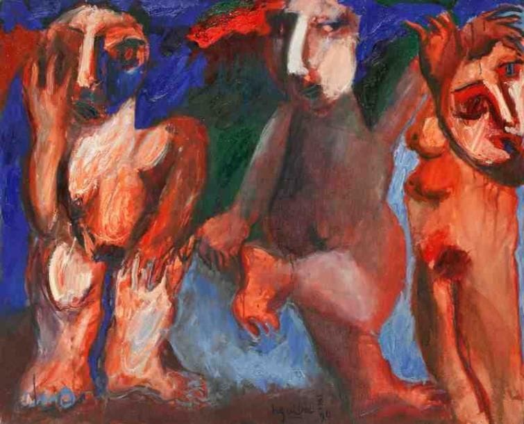 Henri Guibal (né en 1947)
3 Guipsiennes, 1990. Huile sur toile. Signée et datée en bas au milieu. Signée, datée et titrée au dos. 81 x 100 cm